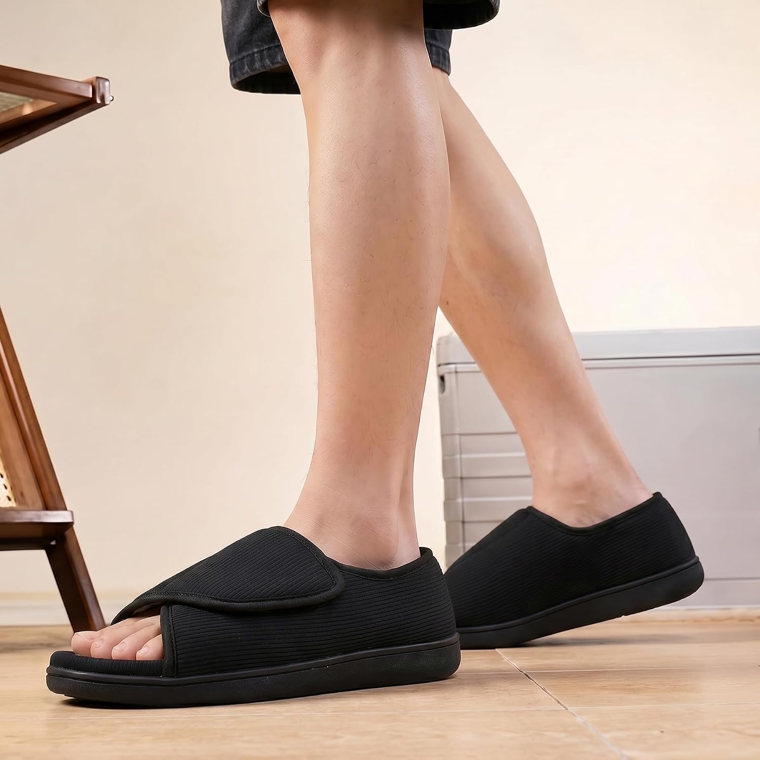 TIESTRA Men's Diabetic Open Toe House Slippers,Breathable Linen Memory Foam Cushion Sandals,Adjustable Edema Swollen Feet Comfort Slip-on Shoes,Indoor Outdoor Home Casual Wear