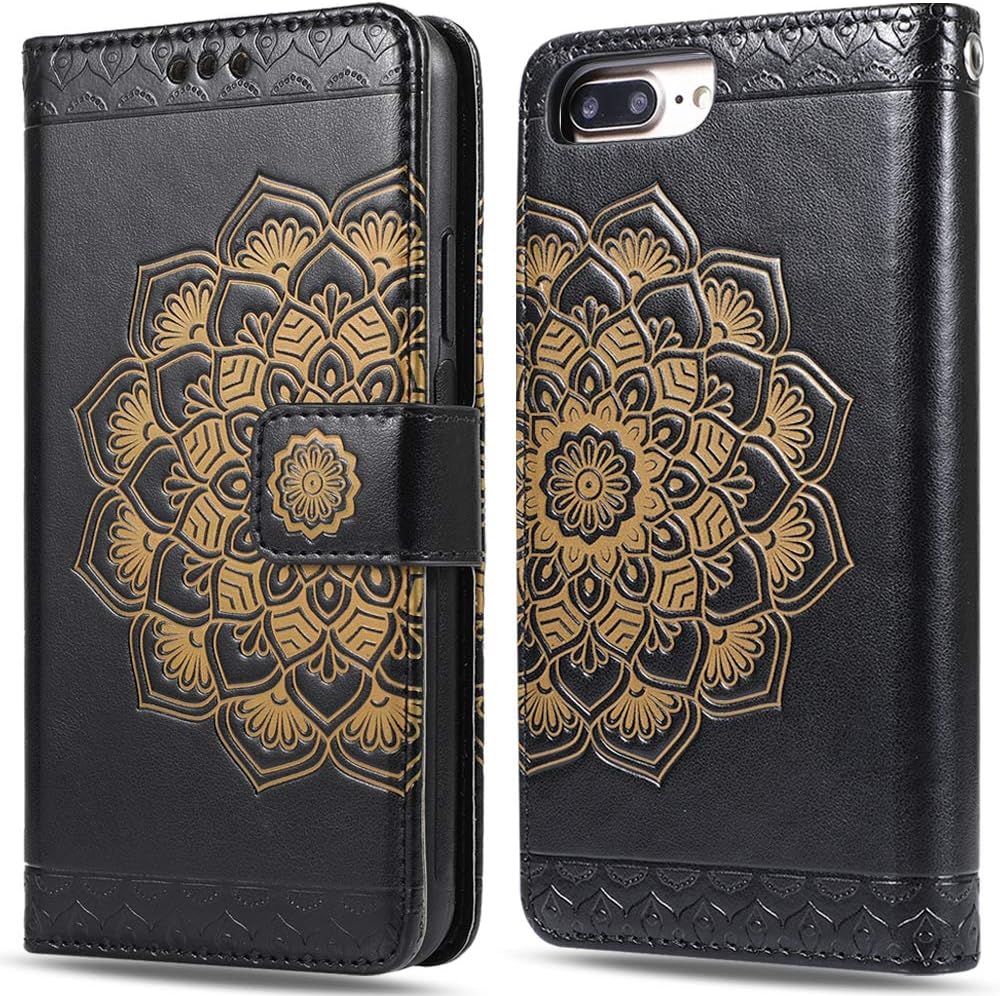 CASEOWL iPhone 8 Plus Wallet Case, iPhone 8 Plus Case Magnetic Detachable Premium Mandala Flower Embossed Leather Lanyard Wallet with Card Slots Holder, Hand Strap, Compatible with Car Mount [Black]