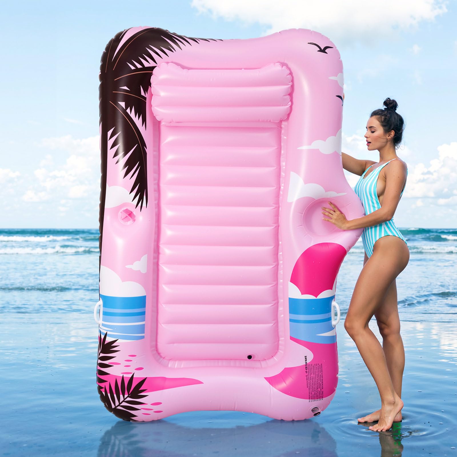 MoKo Pool Floats Adult, 82" x 50" Large Floating Bed with Ice Bar, Tanning Bed Pool Raft Inflatable Lounger with Drink Holder Tanning Chair Inflatable Pool Toys for Party Beach, Pink & Coconut Tree — image 1