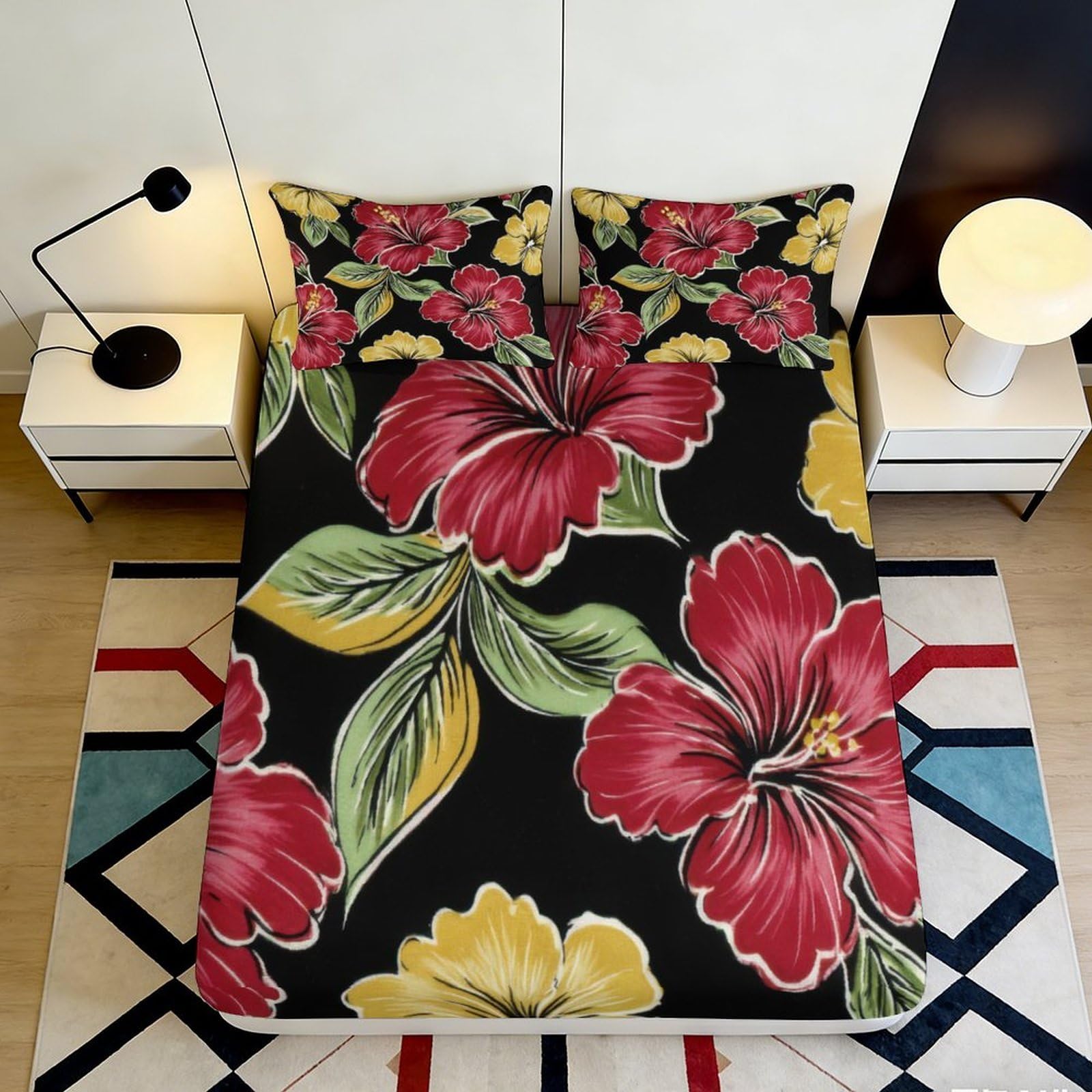 Dhbaneiok Style-7 3D Printed Hibiscus Floral Fitted Sheet Microfiber Soft Breathable Tropical Leaf Mattress Cover Decor For Bedroom Dorm 90X200x25cm