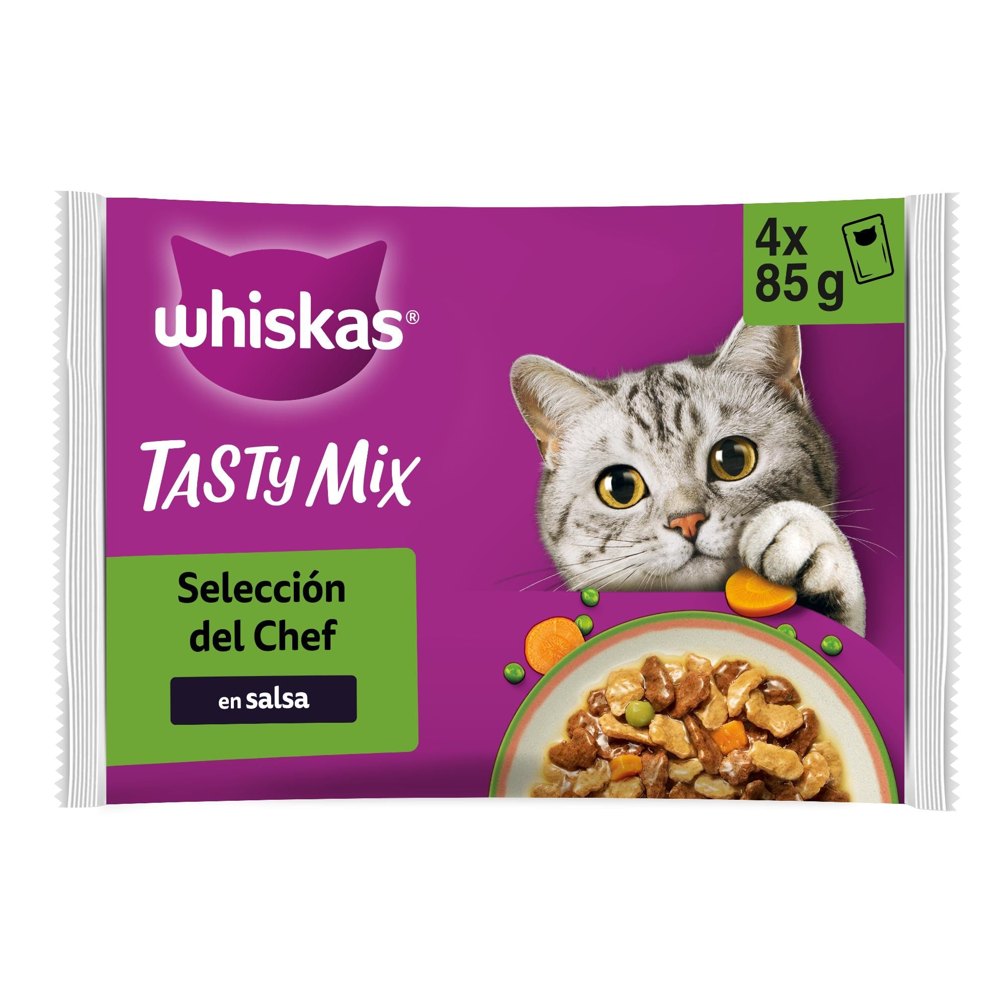 WHISKAS Tasty Mix Comida húmeda en Salsa Gatos Adultos Sel. Chef - 13 x 4 bolsitas x 85g