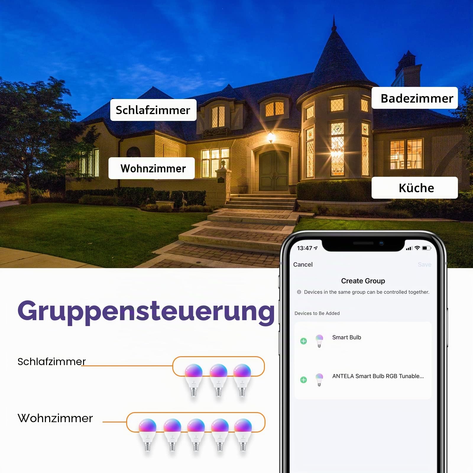 ANTELA Alexa Glühbirne G45 E14 4.5W LED Smart WLAN RGBCW, 8 Stück | Smart Life APP Steuerung, Sprachsteuerung, Kaltweiß & Warmweiß, Kompatibel mit Alexa und Google Home