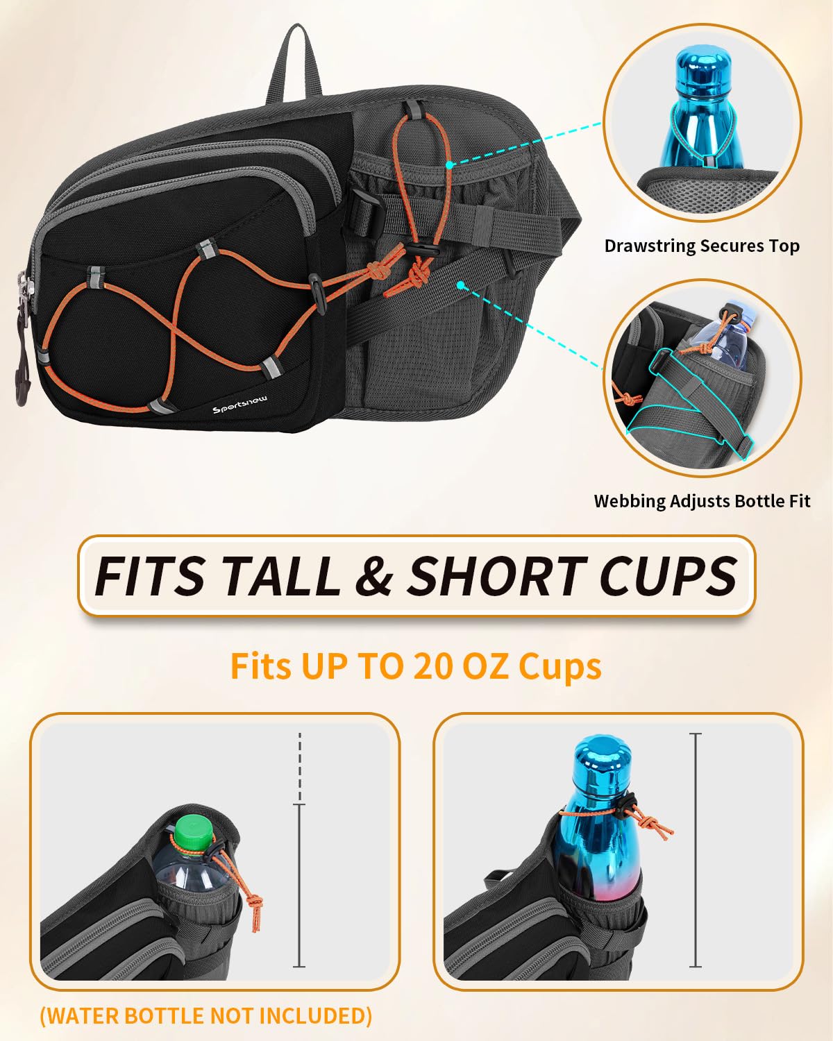 Sportsnew Bum Bag Fanny Pack with Water Bottle Holder, 2L Light Waist Bag, Water-Resistant for Hiking Running Cycling Dog Walking Travel - 3