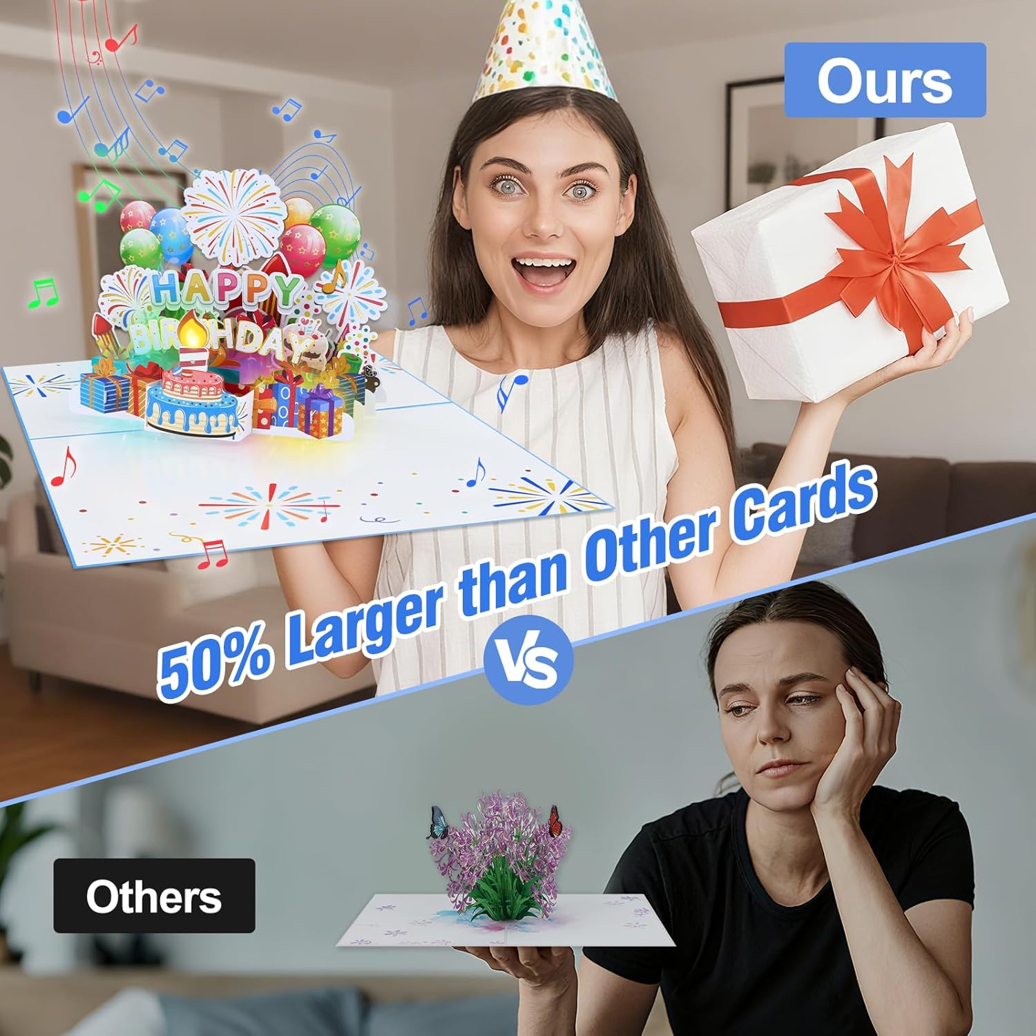 D4DREAM Jumbo Musical Birthday Card - Lights 3D Pop Up Birthday Cards for Women with Blowable Candle Birthday Cake, Gold Foil Firework Design Balloon for Men Women Kids, Envelope Message Card Include - Image 6