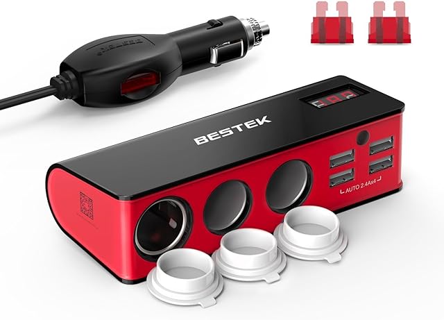 BESTEK 3-Socket 200W 12V/24V DC Cigarette Lighter Power Adapter with 6A 4-Port Car USB Splitter Charger