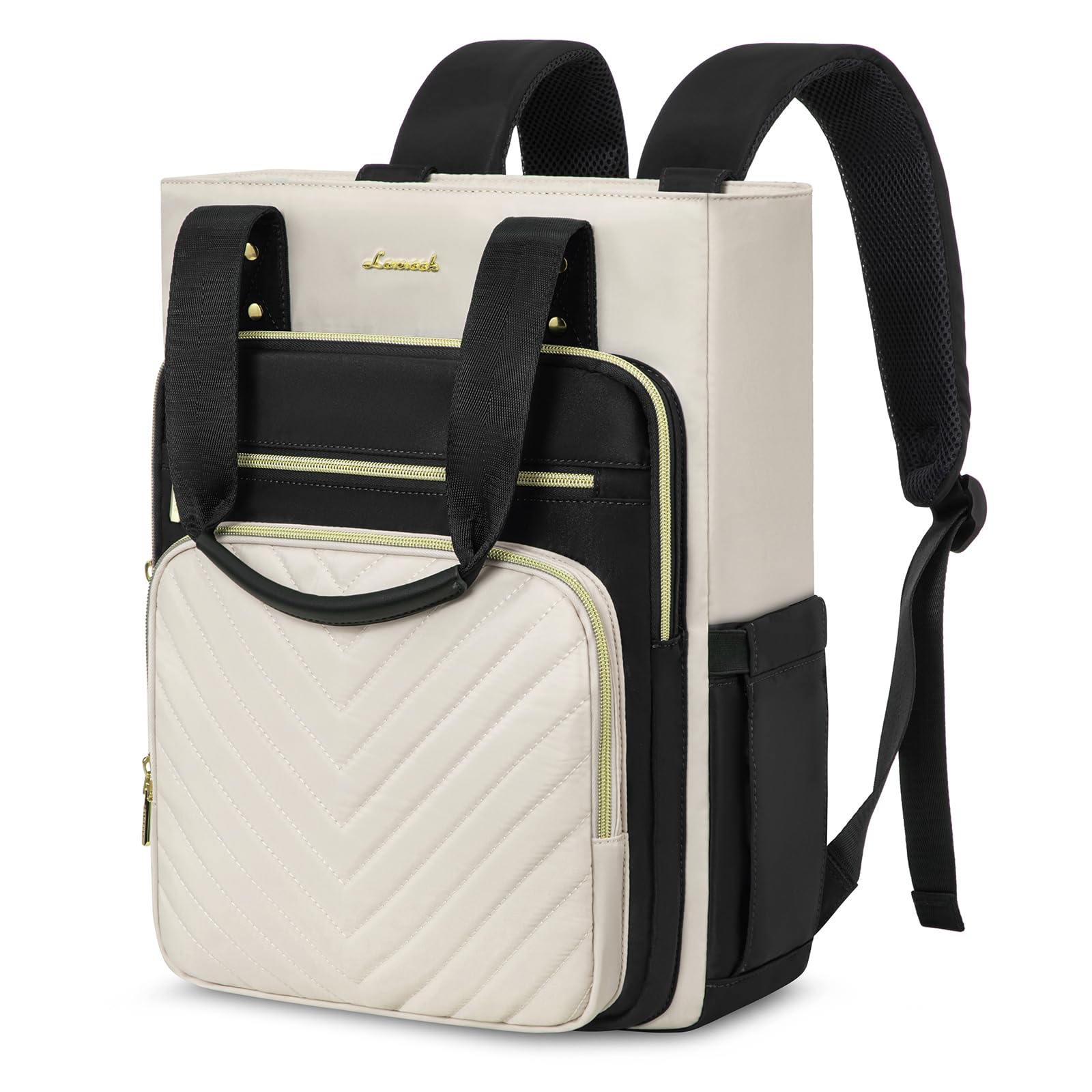 LOVEVOOK Laptop Backpack for Women, 15.6 Inch Work Business Travel Backpack, Fation Teacher Doctor Nurse Backpack Purse, Waterproof Cute Backpack, Black-Beige