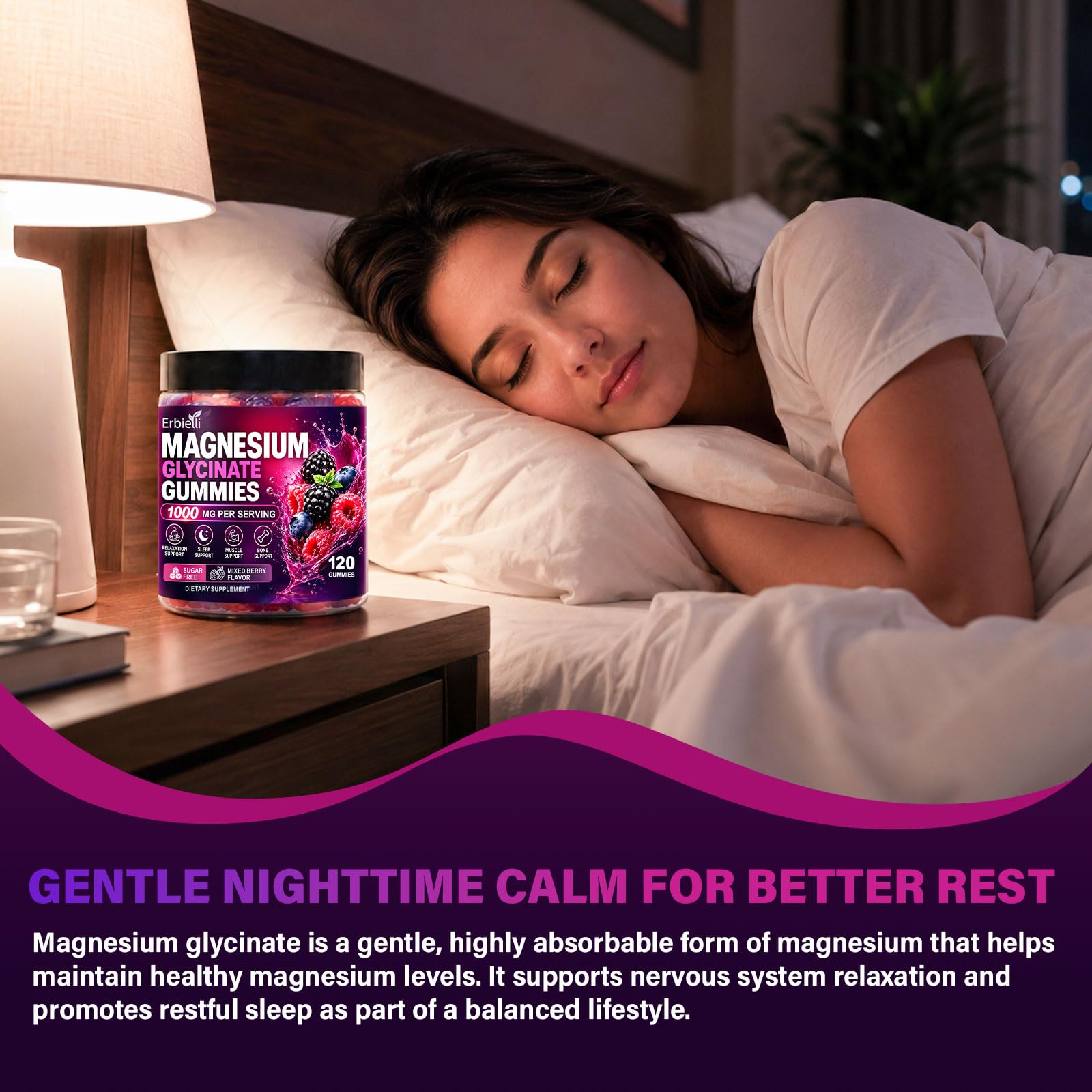 Magnesium Glycinate Gummies 1000mg, Sugar Free, Magnesium Supplements for Men & Women, with L-Theanine, Vitamin D3 B6 & CoQ10 for Sleep, Calm & Relaxation Support, 120 Gummies Mixed Berry — Amazon image 6