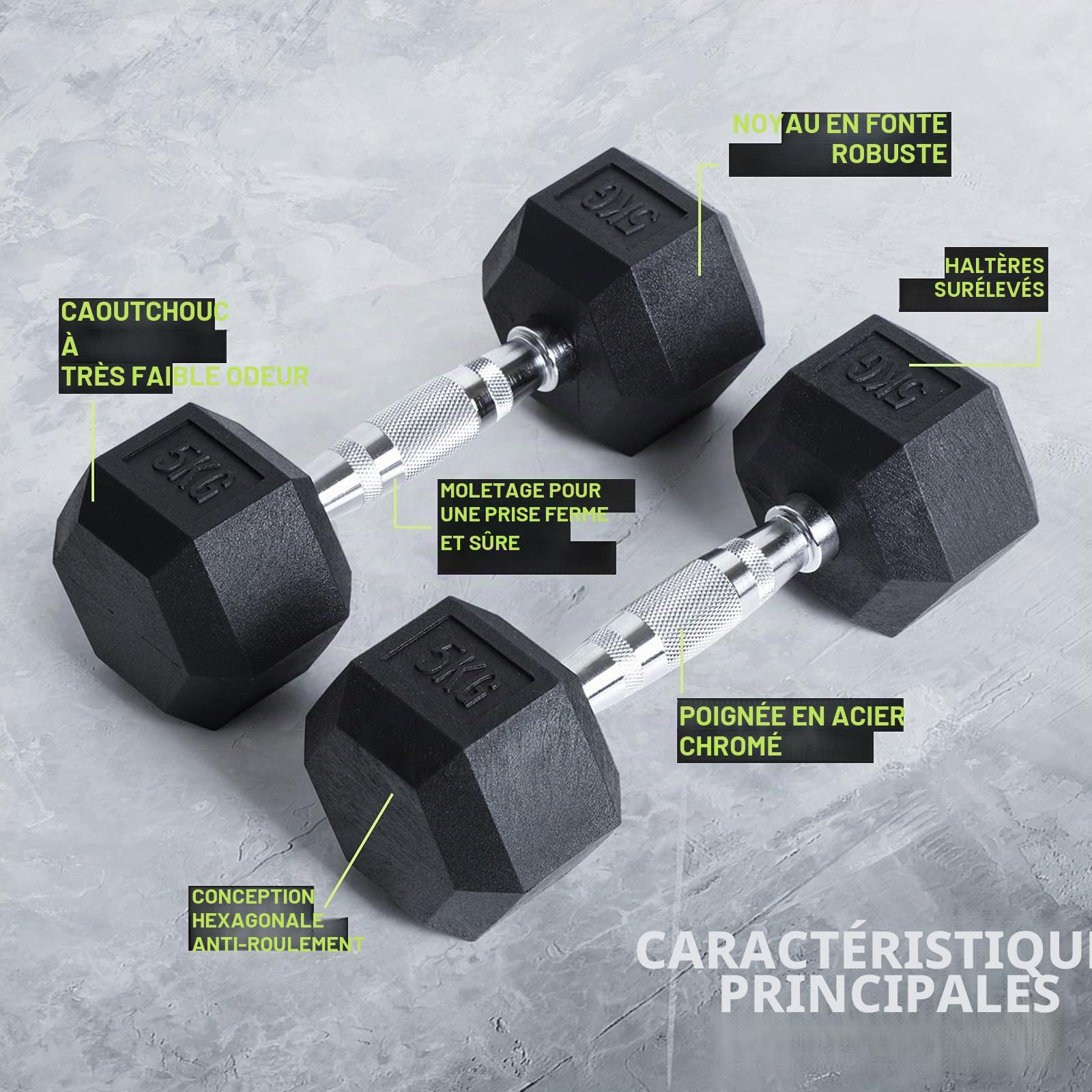 PhysKcal haltères hexagonaux en PVC et fer inodore 2,5 kg~30 kg, poids à main pour la salle de gym à domicile, la musculation et l'entraînement croisé, haltères pour la presse du diable