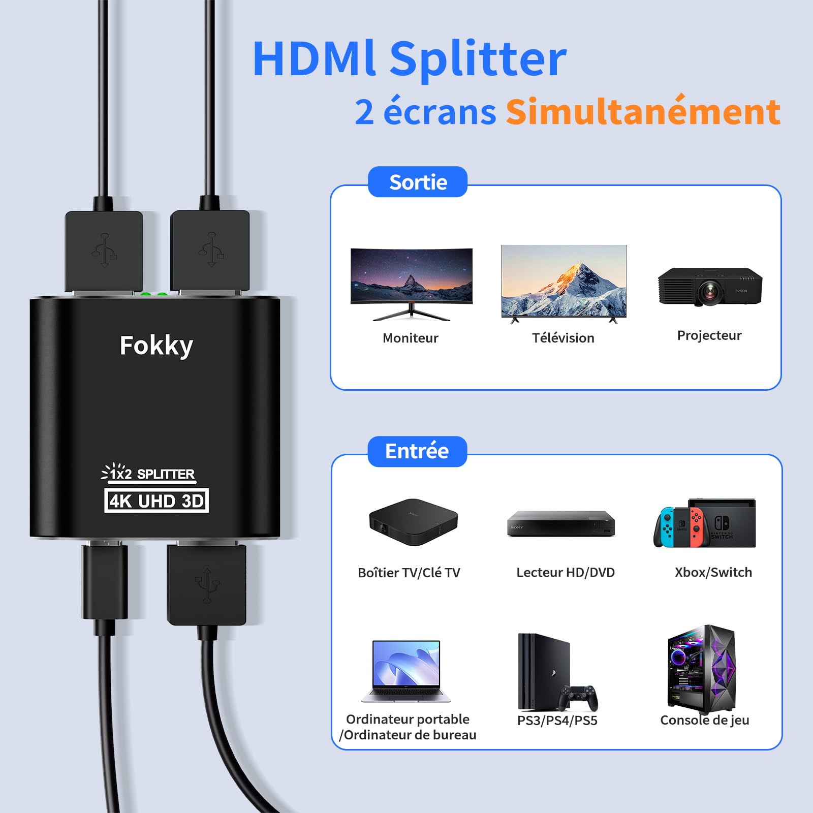 Splitter HDMI 4K, HDMI Switch Aluminium Répartiteur HDMI 1 Entrée 2 Sorties Affichage Simultané, 4K@30HZ 3D UHD 1080P, pour Xbox PS3 PS4 Lecteur Roku Blu-Ray HDTV Apple TV et Plus Appareil