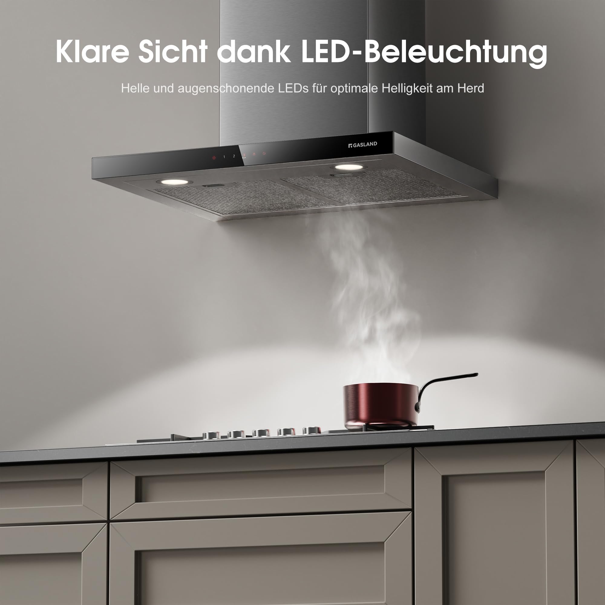 GASLAND TR60SS Hotte Aspirante 60 cm, Recyclage ou Évacuation, 881 m³/h, Classe A++, Filtre à Charbon Actif Inclus, 4 Vitesses Tactiles, Hotte Murale Silencieuse en Inox Argent