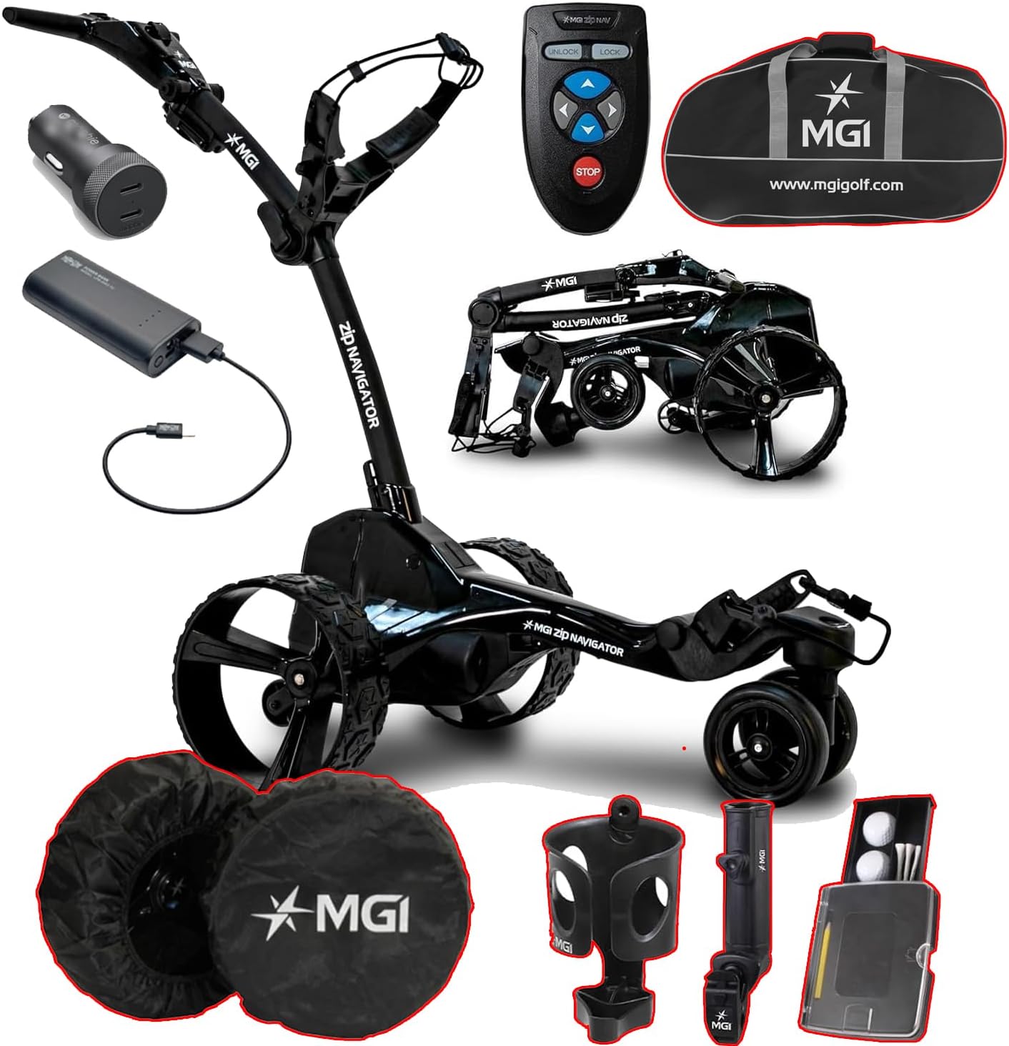 MGI Remote Controlled Zip Navigator Golf Cart with Accessories | Power Bundle | 3-Year Warranty | 36 Holes Extended Battery (Power Bundle