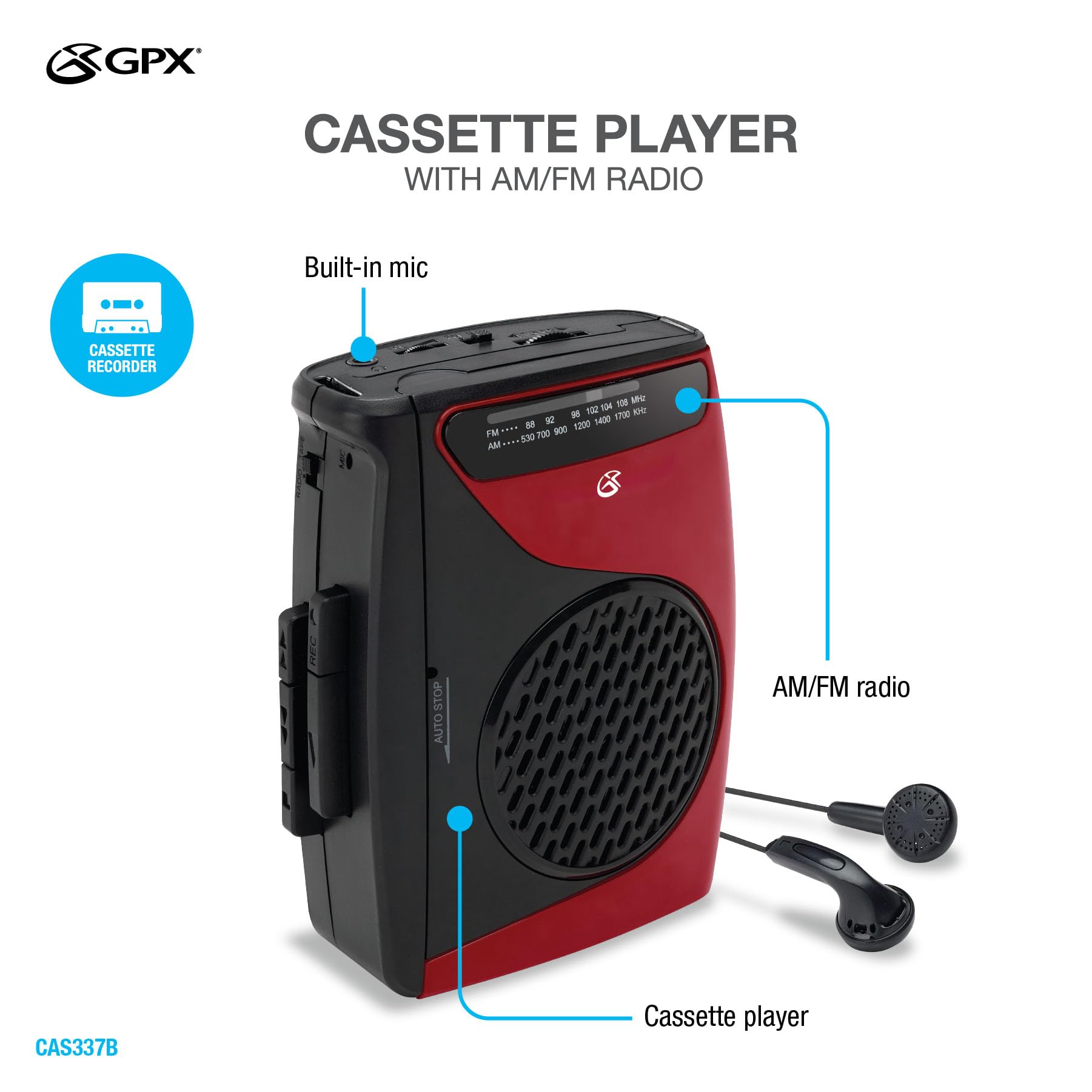 GPX CAS337 Tragbarer Kassettenspieler mit AM/FM-Radio/Sprachaufzeichnung (Rot/Schwarz)