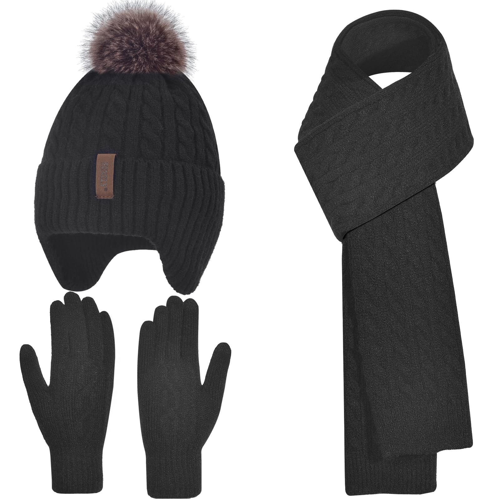 Winter Hat Gloves Scarf Set for Kids Earflap Beanie with Cute Pom Knit Boys Girls Children Baby Toddler Black Warm Wool Fleece Lining 10 11 12 13 14 Years Old