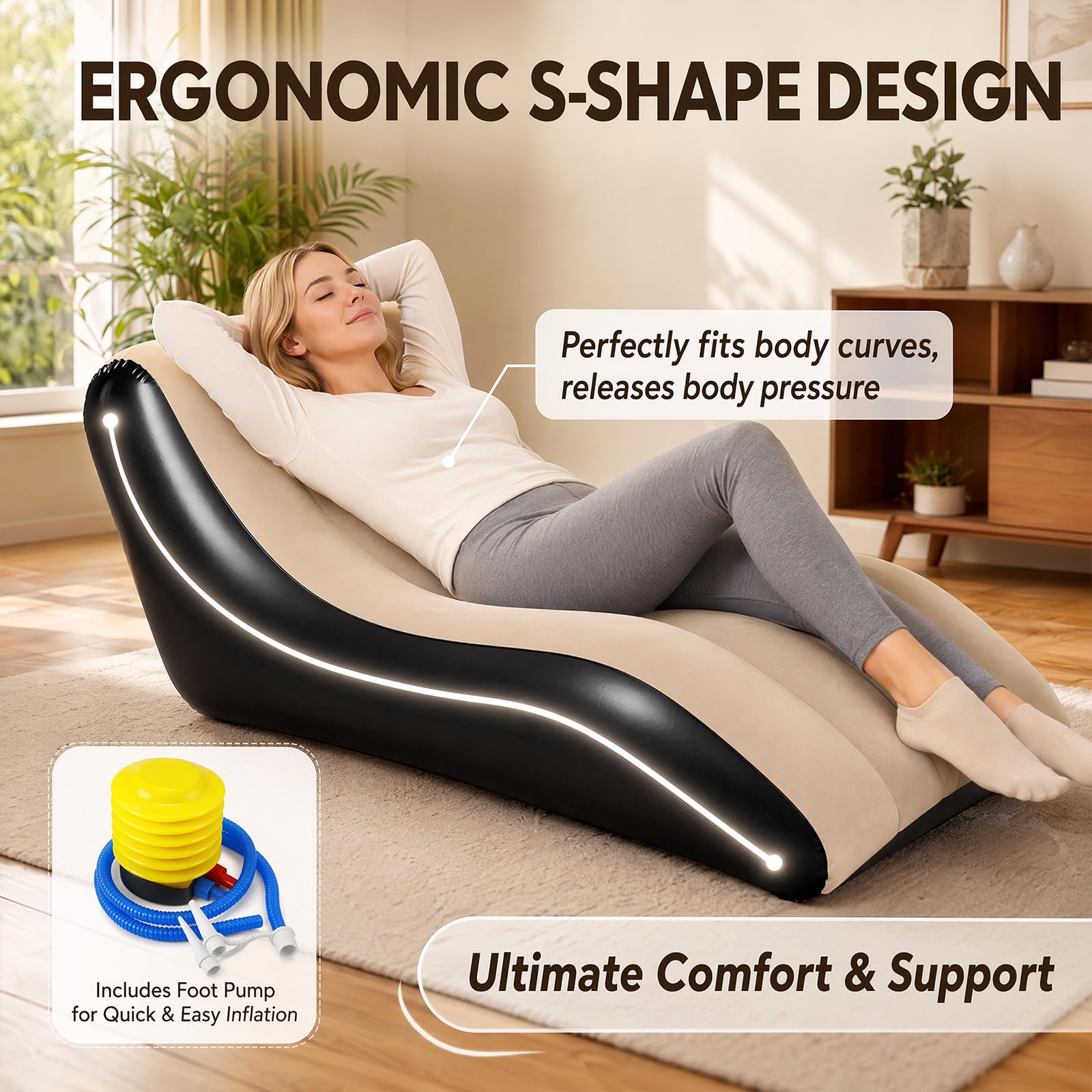 RANJIMA Aufblasbares Sofa, Aufblasbare Liege, Aufblasbar Liegestuhl mit Luftpumpe, Wasserdichtes Aufblasbare Couch Camping Luftsofa mit Plüschbezug für Camping,Strand,Wohnzimmer, bis 300 kg, 155x86cm