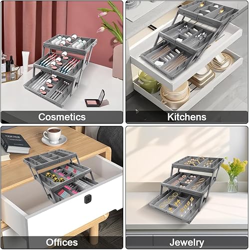 Miniatura 6 de Abnaok Organizador de cajones de 3 niveles de múltiples niveles, plegable, expandible, bandejas organizadoras de escritorio para suministros de