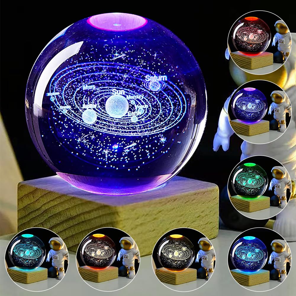 LUFEIS 3D Solar System Crystal Ball, 3D Planet Crystal Ball with Wooden Led Base, 60mm Solar System Galaxy Crystal Ball Night Light, Decorative Ornament Astronomy Gifts for Kids Friends Family