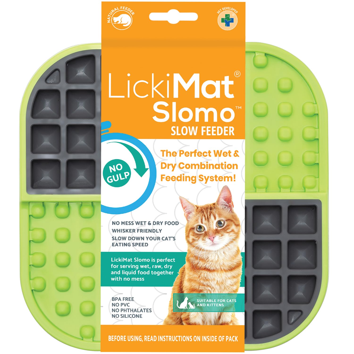 LickiMat Slomo, Cat Slow Feeder Lick Mat, Boredom anxiety reducer; perfect for food, treats, yogurt, or peanut butter. Fun Alternative to a Slow Feed Cat Bowl or Dish, Green
