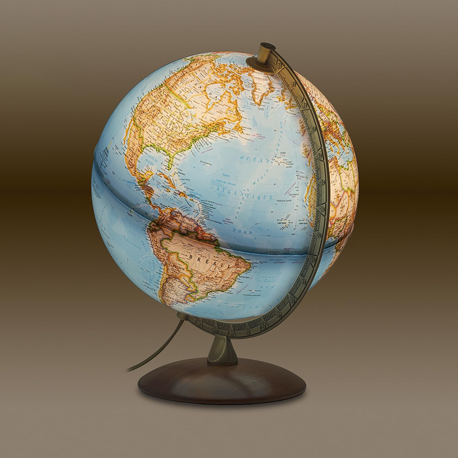 Globe terrestre National Geographic Edge Classic 30 cm lumineux cartographie physique politique socle bois méridien métal français