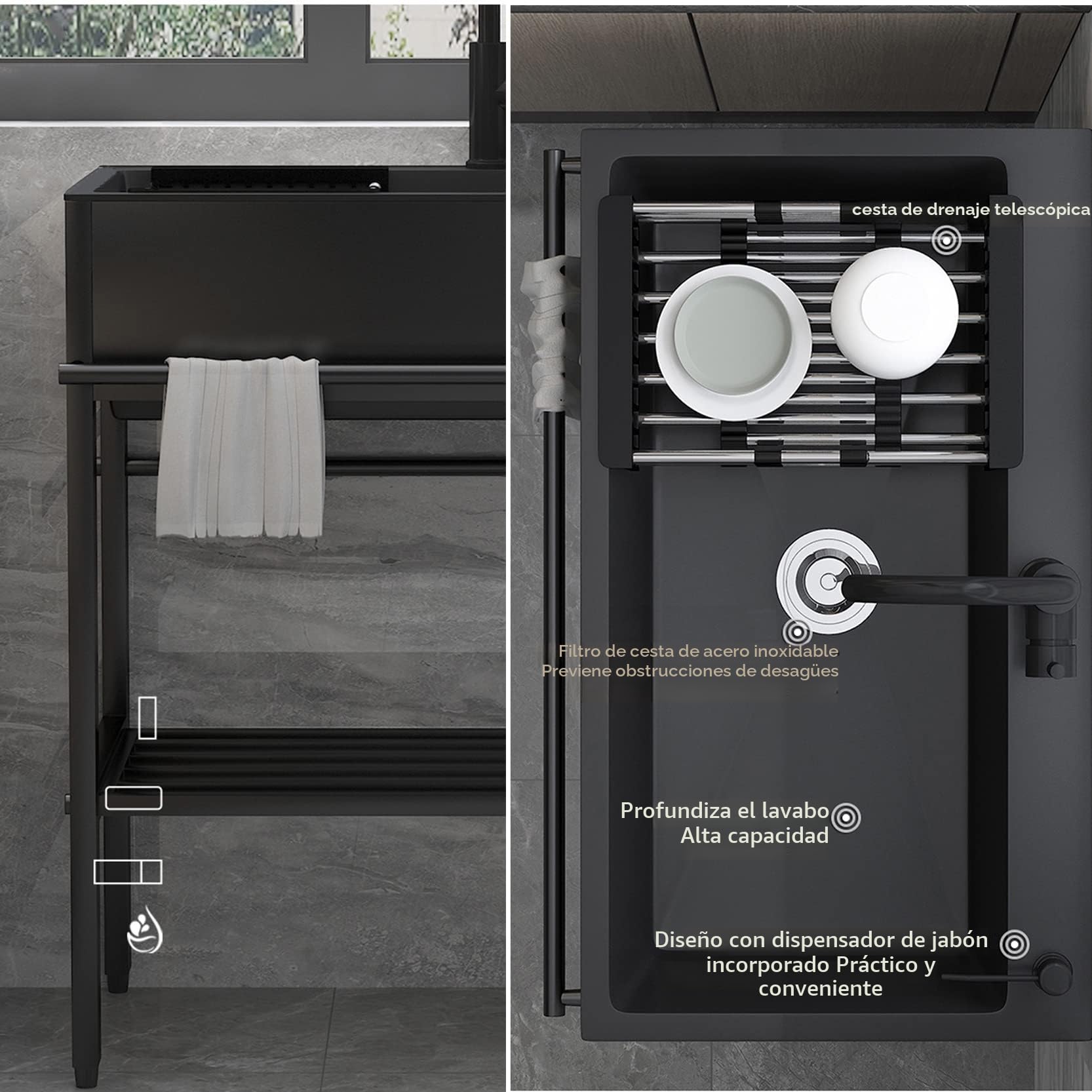 Fregadero de acero inoxidable negro, 80 cm, lavabo independiente, cuenco individual, estación de lavado de cocina comercial con grifo, para garaje, restaurante, lavandería, exterior