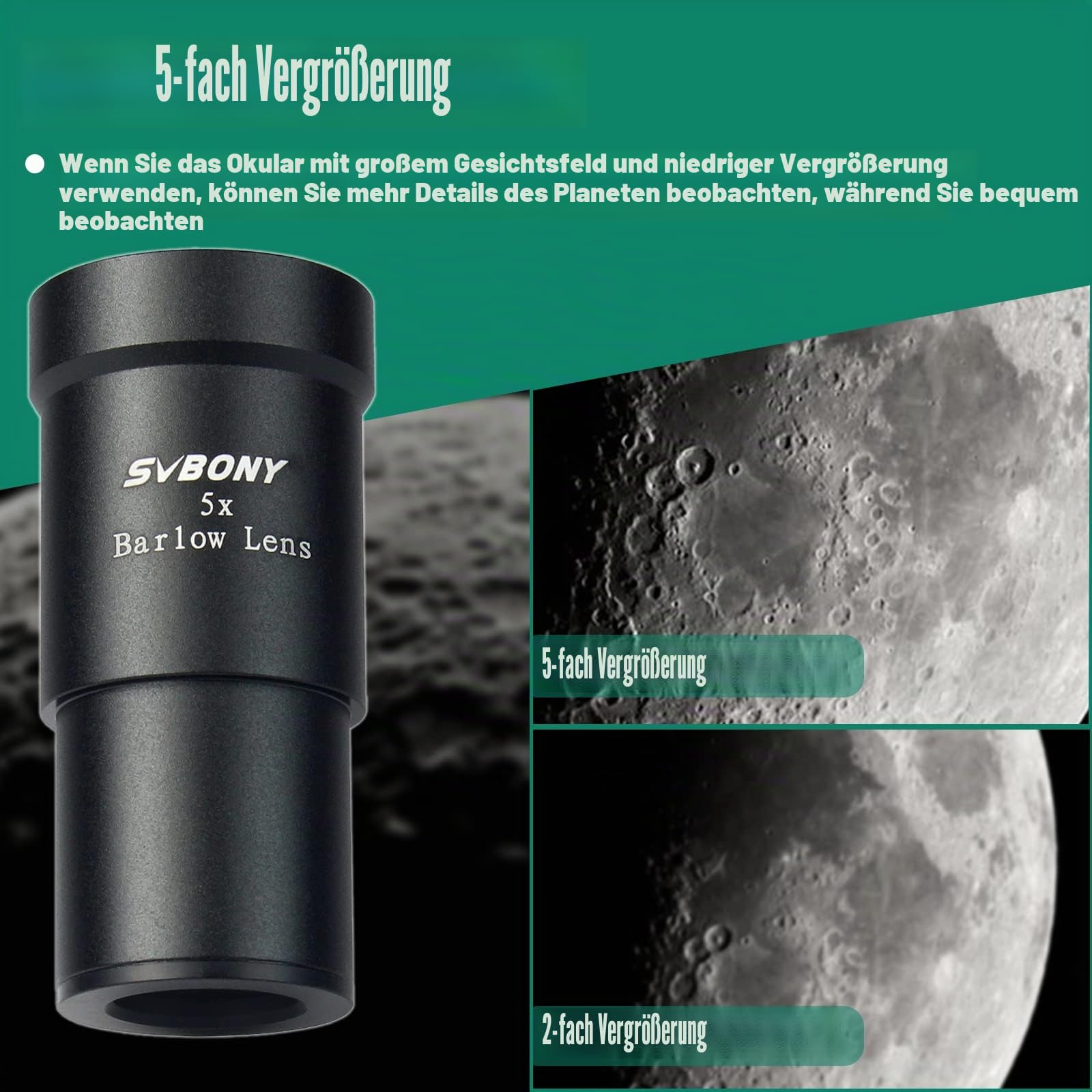 Svbony Barlowlinse 5X, 1,25 Zoll Metall Barlow Full Multi Coated Teleskop Okular Zubehör für Planetenbeobachtung und Astrofotografie
