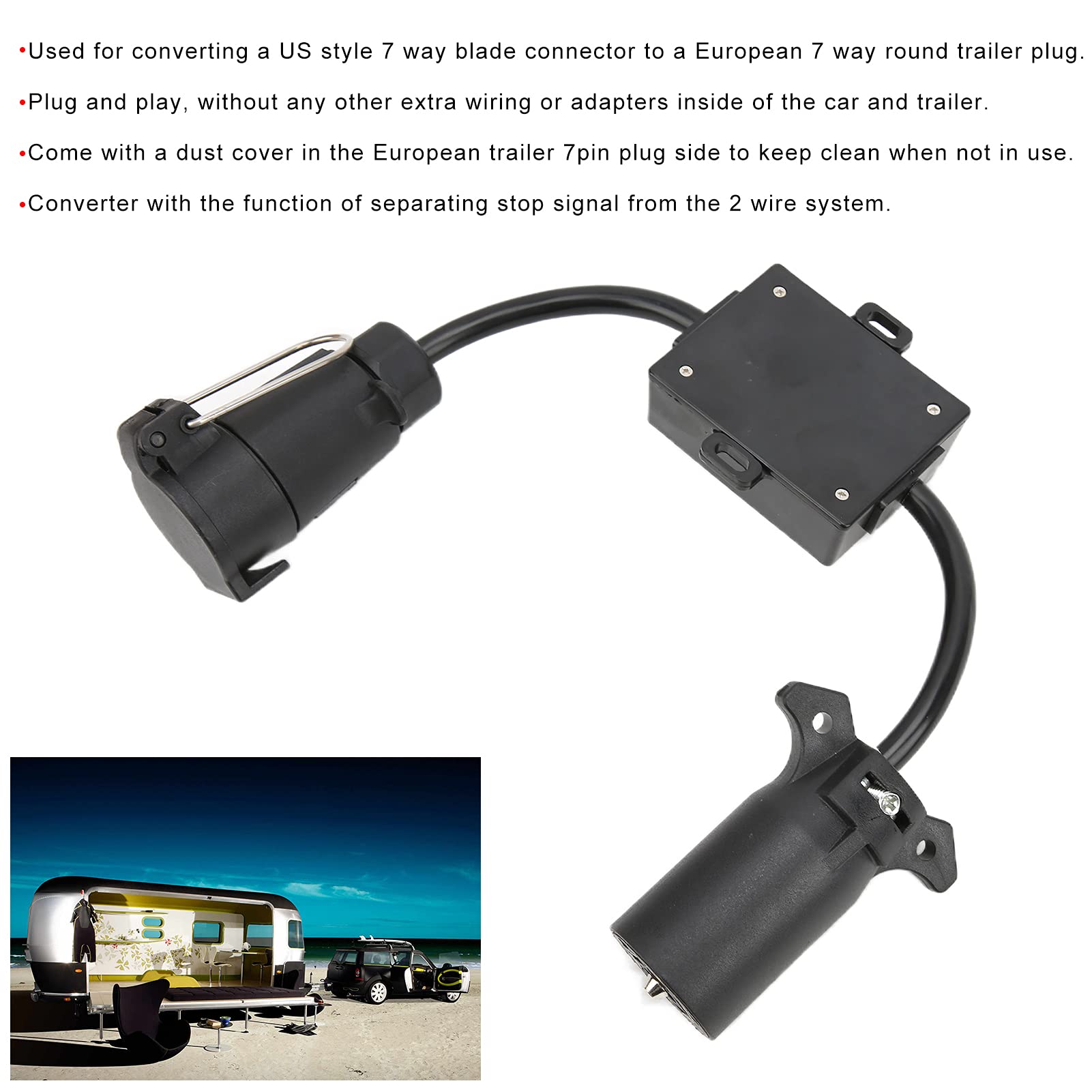 Adapter złącza przyczepy, 7-stykowe złącze płaskie na 7-stykową okrągłą wtyczkę, konwersja z USA na europejską dla przyczep kempingowych, łodzi i bagażników rowerowych