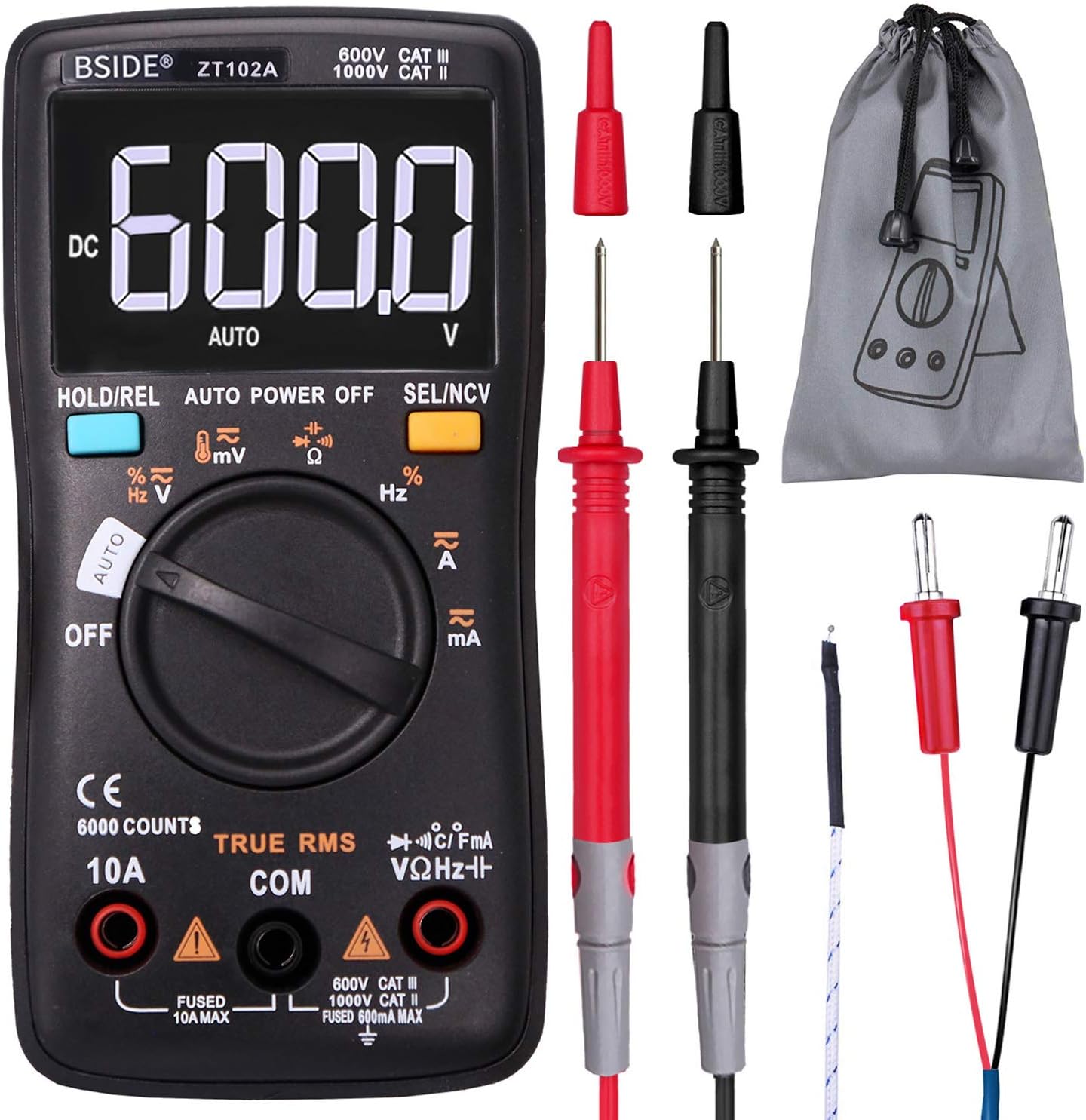 Bside EBTN Screen Multimeter True RMS 6000 Counts Digital Voltmeter Volt Amp Ohm Hz Diode Temp Cap Tester with Pouch