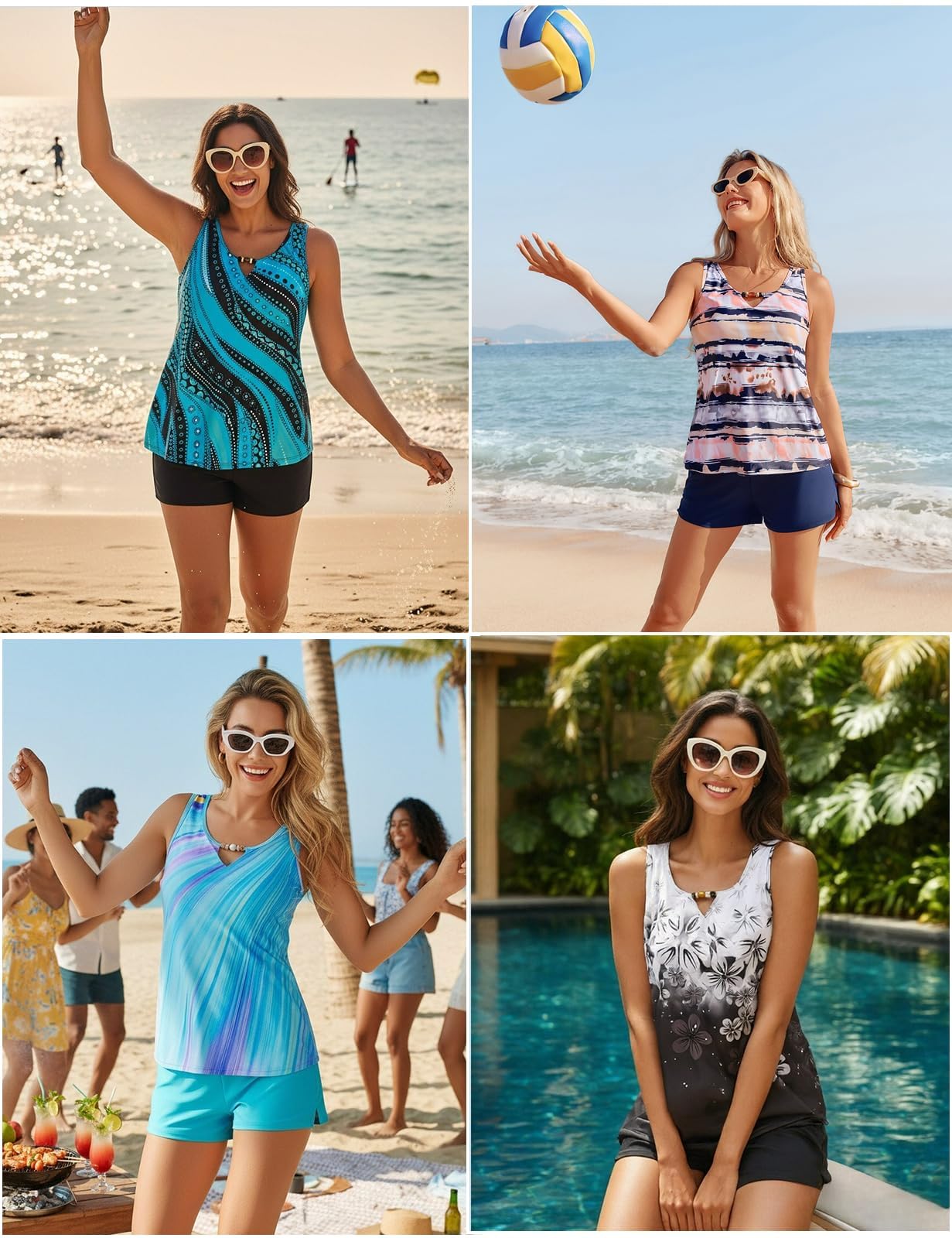 Hanna Nikole Tankini Damen Badeanzug, Bauchweg Zweiteiliger Bademode Set, Push Up Tank Oberteil mit Badeshorts, Sport Badeanzug für Damen Sportliche Strandmode