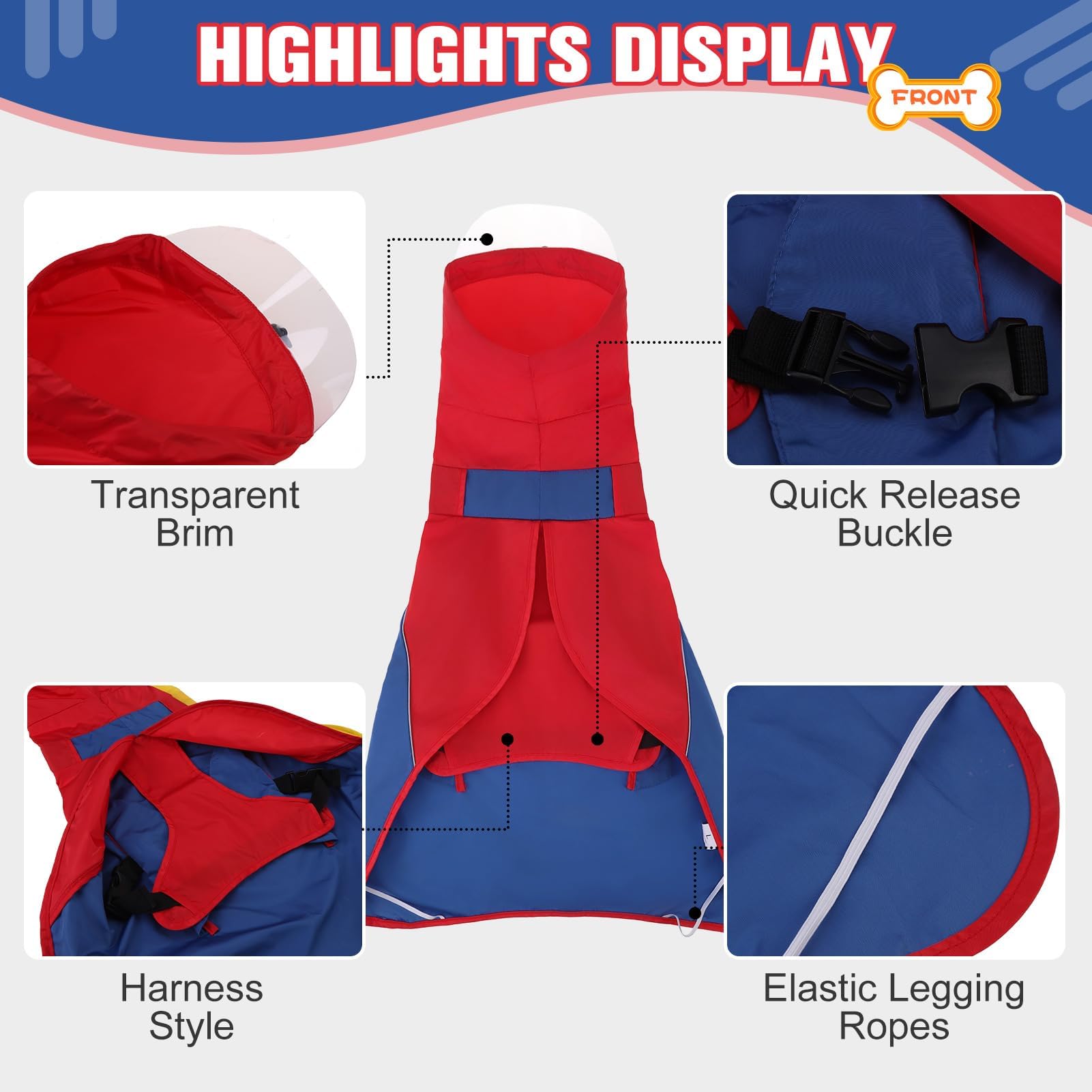 BINGPET Dog Raincoat - Adjustable, Waterproof & Snowproof Rain Jacket for Medium & Large Dogs (Red-Blue, XL)