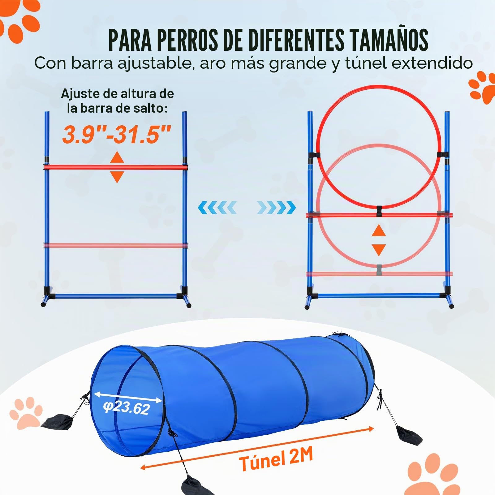 VEVOR Equipo de Entrenamiento de Agilidad para Perros 5 Piezas Carrera de Obstáculos para Cachorros con Vallas Altas Ajustables 6 Postes Túnel Anillo de Salto Caja de Descanso Silbato Cuenco Plegable