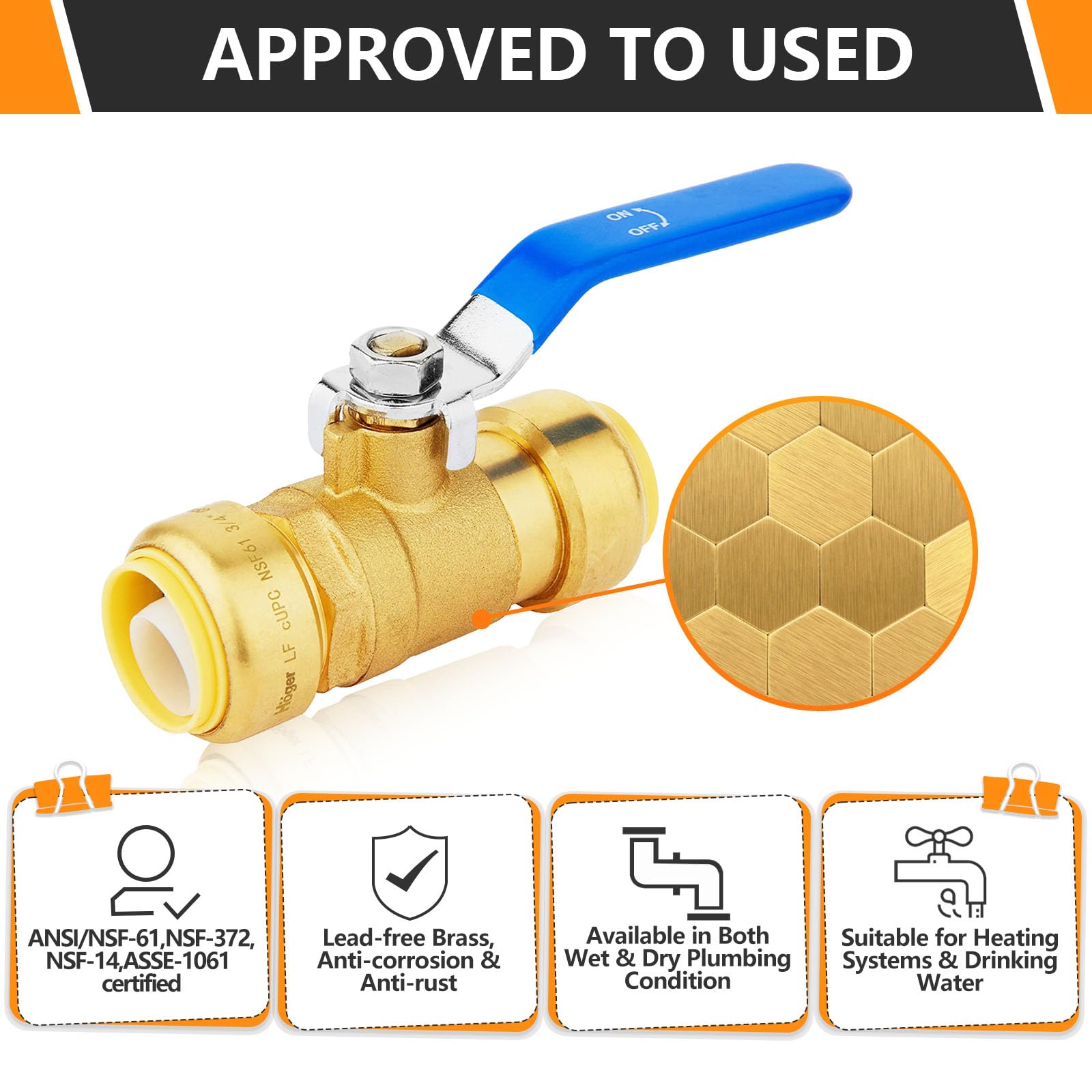 HeSun 10 valvole a sfera push-fit, valvola di intercettazione completa da 3/4 di pollice push-to-connect per acqua calda e fredda, con 2 clip di scollegamento, PEX, rame, CPVC, valvola blu