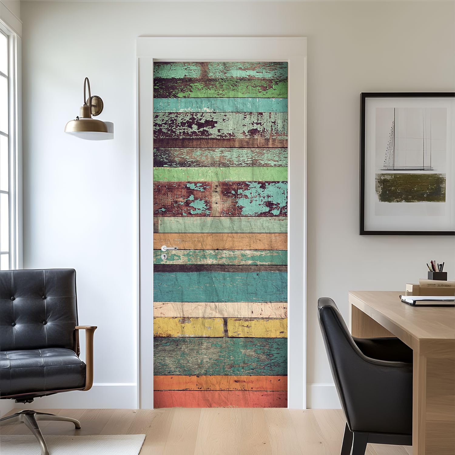 Papier peint de porte autocollant effet 3D bois pour une chambre rétro chaleureuse