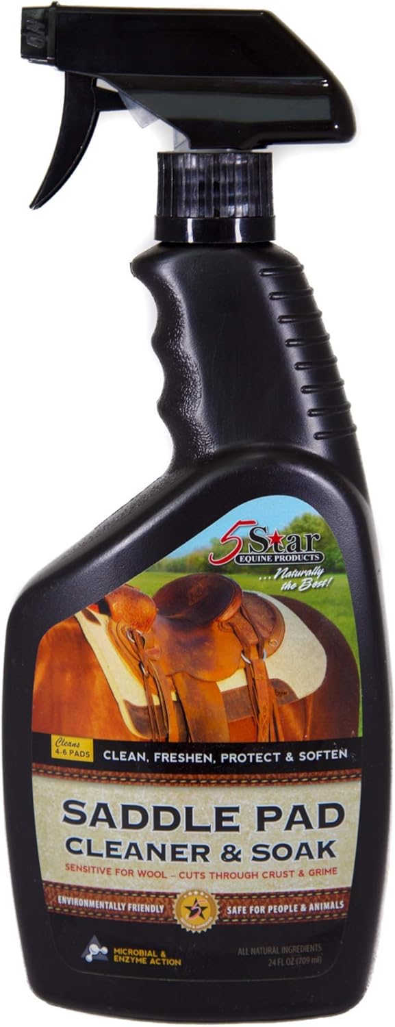 5 Star Equine Horse Saddle Pad Cleaner & Soak – Works on Horse Blankets, Wool and as a Leather Cleaner – Cleans, Freshens, Preserves & Softens 4-6 Equine Saddle Pads 24 oz. Spray Bottle