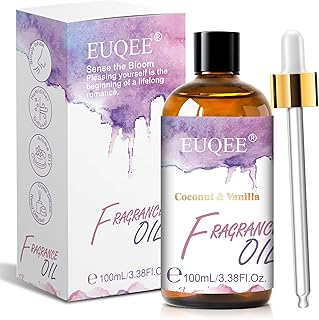 EUQEE 100ML/3.38 Fl Oz Coconut & Vanilla Fragrance Oil with Glass Dropper, Essential Oil for Diffuser for Home, Yoga, Long Lasting Scented Oil for Candle Making, Handmade Soap Making, DIY Perfume