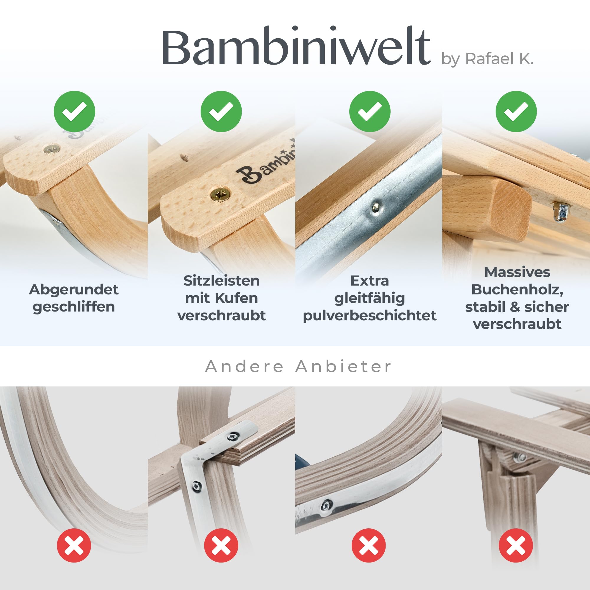 Hörnerrodel 120 cm für 2 Personen - Holzschlitten - massivem Buchenholz - Hörnerschlitten Rodelschlitten mit Zugseil & Holzgriff - Schneeschlitten robust Leichtlauf-Stahlkufen