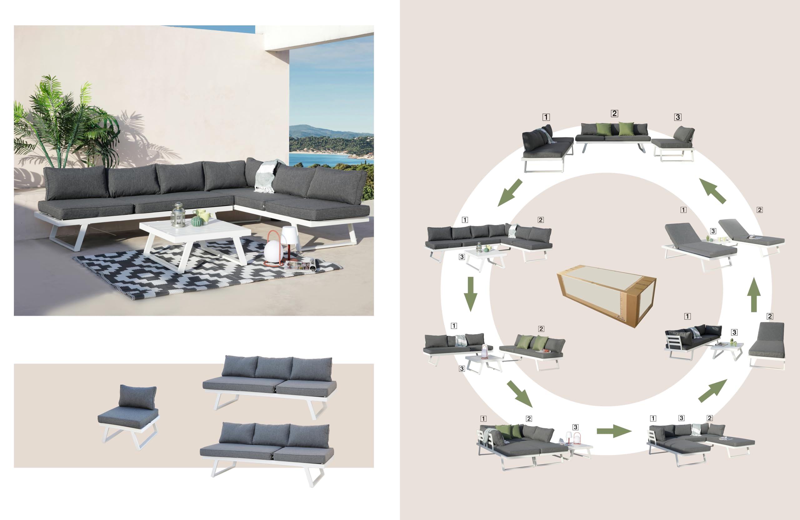 MOMMAHOME Conjunto Muebles de Jardín de exterior, Rinconera Convertible Multifunción Aluminio Blanco, Muebles para terraza/Exterior, Set de Aluminio con mesa de centro, Cojines tejido Gris | VALENCIA