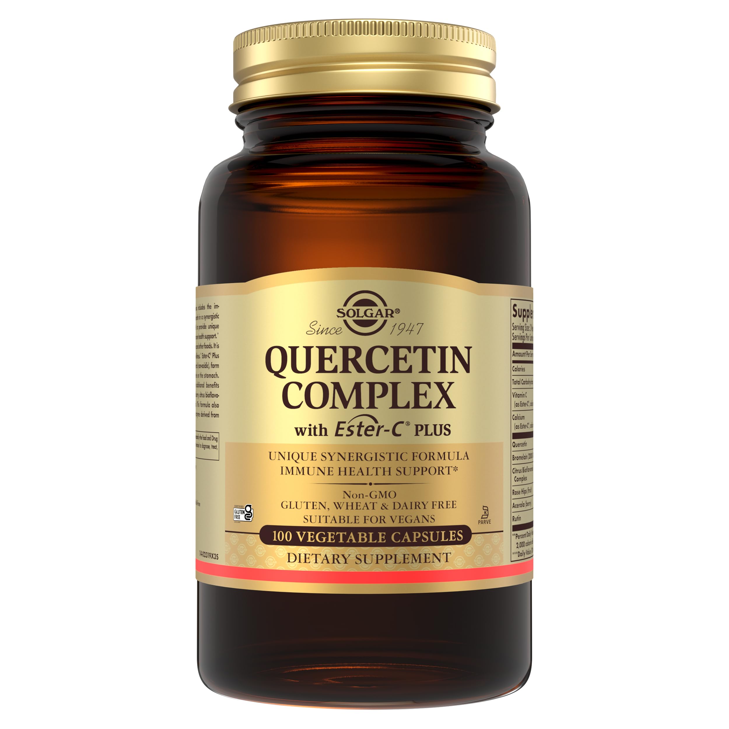 Solgar Quercetin Complex with Ester-C Plus, 100 Vegetable Capsules - Supports Immune Health, Antioxidant - Gentle on the Stomach Vitamin C - Non-GMO, Vegan, Gluten/Dairy Free - 50 Servings 100 Count (Pack of 1)