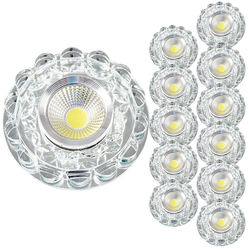 ASerZenith 12 Pcs Crystal Led Recessed Downlight, 5W Led Crystal Ceiling Light Baffle Trim Led Decorative Colorful Spotlight Eyeball Retrofit Spotlight Round Panel Light,A-White Light