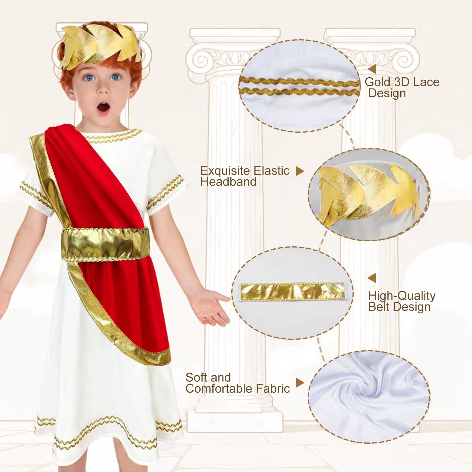 AOOWU Romano Vestito, 3PCS Romano Toga Costume Bambino, Roman Costume per Cosplay Outfits per Toga Party, Halloween, Carnevale(S-L)