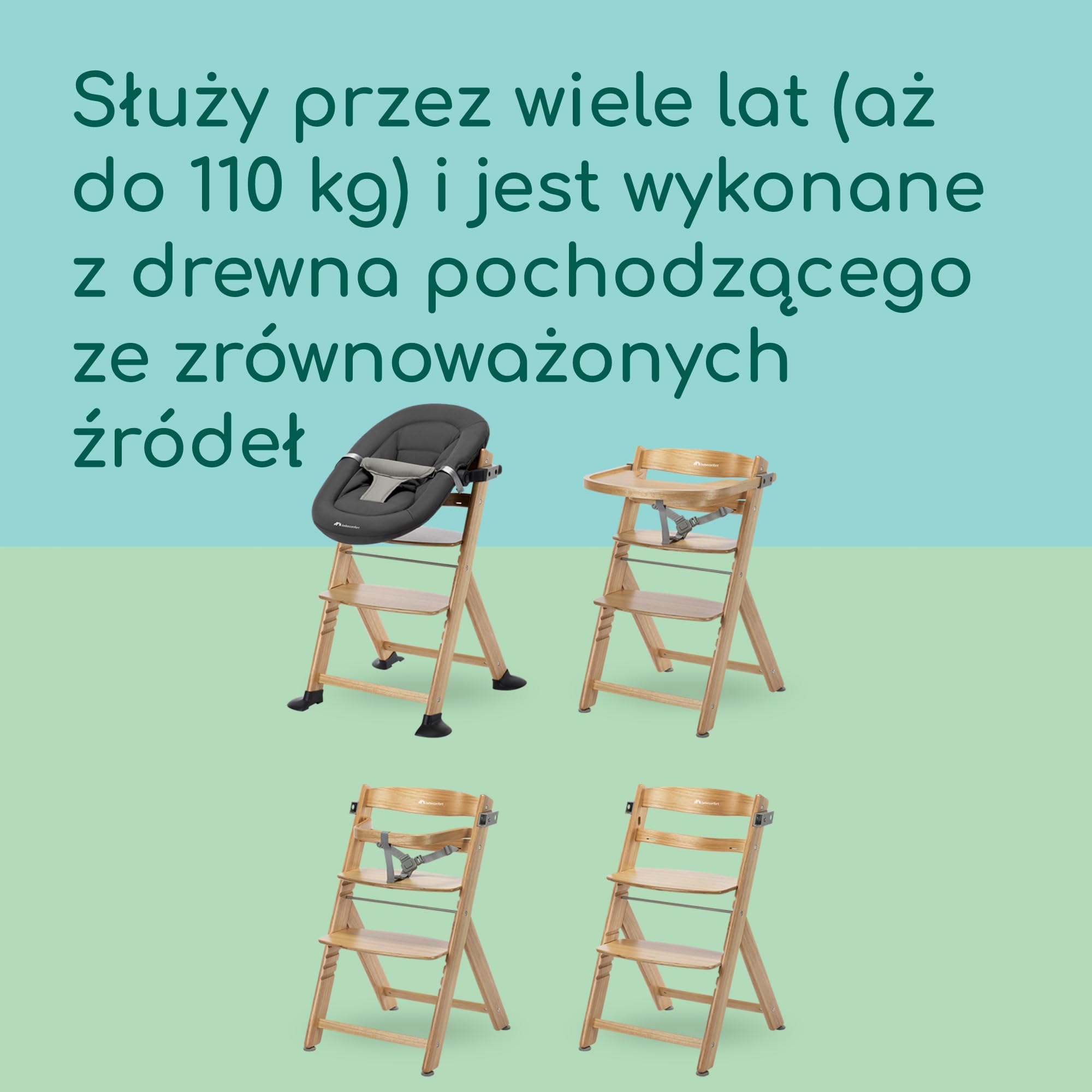 Bebeconfort Timba 2 Krzesełko Dziecięce Drewniane, 6+ Miesięcy, Do 110 kg, Ergonomiczne Krzesełko do Karmienia, Pasuje do Wielu Stołów, Wyjmowana Taca, Regulowane Siedzisko i Podnóżek, Natural Wood