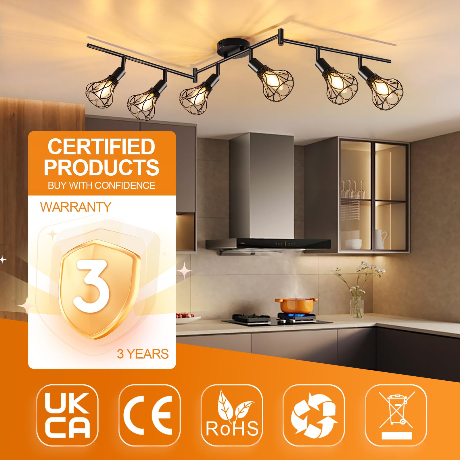 GeyouLux Deckenlampe LED Deckenleuchte E14 Deckenstrahler 6 Flammig Schwenkbar 350° Deckenspots Retro Küchenlampe Wohnzimmerlampe Schwarz Lampe für Küche Wohnzimmer Flur Schlafzimmer Ohne Leuchtmittel