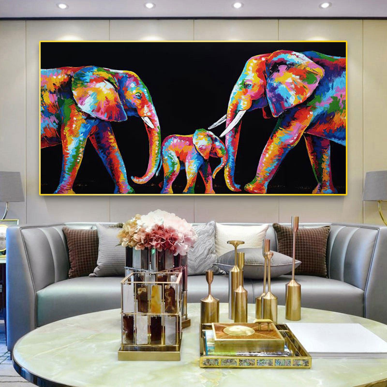Elephant Family Canvas Wall Art - Colourful Abstract Print - Framed Ready To Hang - Artley Prints