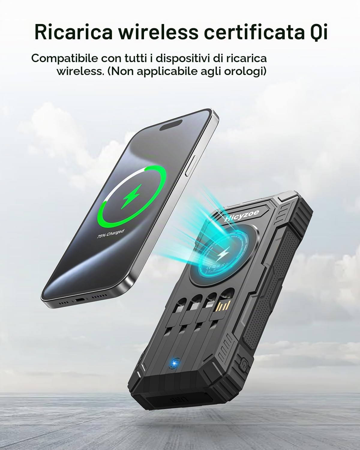 Power Bank Solare, Caricabatterie Portatile Wireless per Cellulari da 26800mAh, Batteria Esterna a Ricarica Rapida QC3.0 da con 4 Cavi Integrati, Ingresso/Uscita USB-C, con Doppia Torcia per Esterni