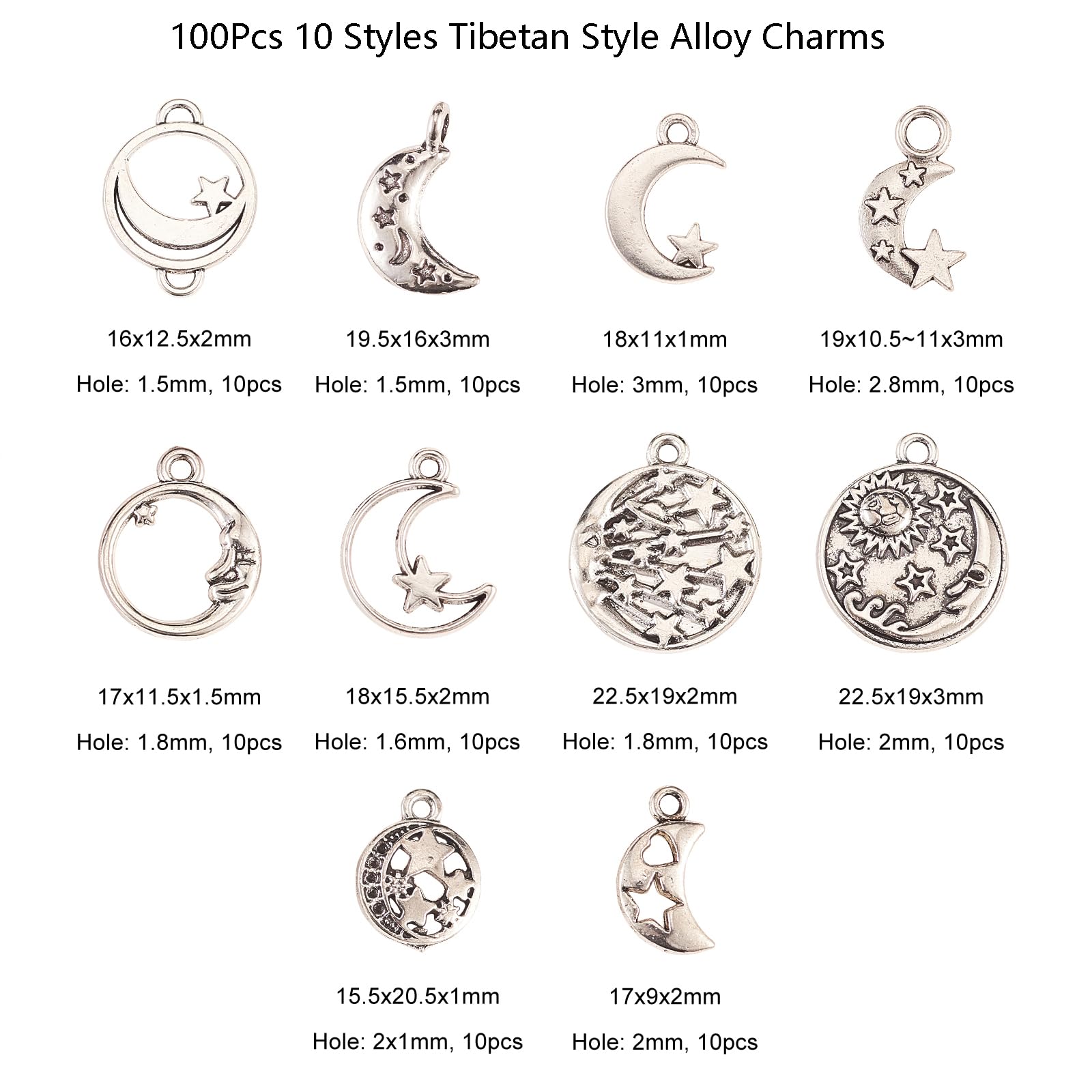 Stiesy 100Pcs Antique Silver Celestial Moon Star Charms Vintage Hollow Crescent Moon Charm Bulk Tibetan Pendants for Jewellery Making DIY Craft Necklace Bracelet - Image 3