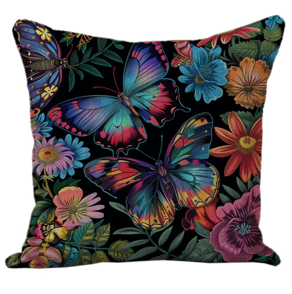Colorful Butterfly Surrounded by Flowers DIY 11CT Stamped Cross Stitch Pillow Kits Embroidery Pillowcase Counted Needlepoint Handmade Cushion Cover Home Sofa Christmas Decoration 18x18inch(3)