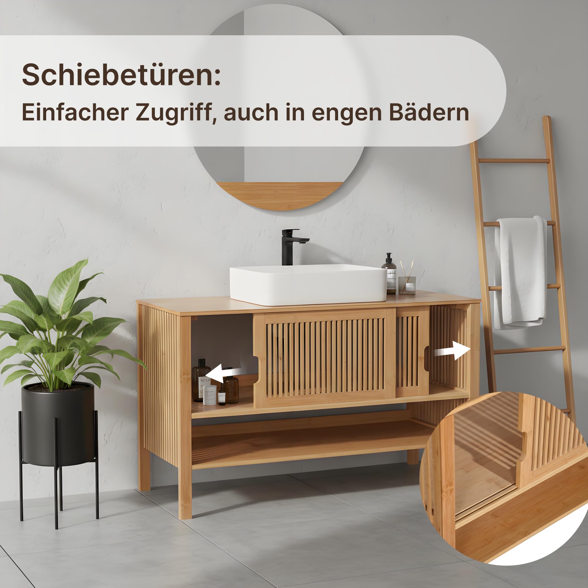 Meuble sous-lavabo 100 cm de large – Meuble de salle de bain en bambou avec portes coulissantes, meuble sous-lavabo naturel avec compartiment ouvert, meuble sous-vasque 100x45x60 cm