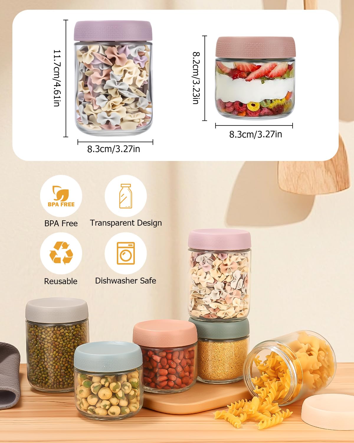 Overnight Oats Jar Confezione da 6 Barattoli, Barattoli di Vetro con Coperchi, Contenitore Avena Riutilizzabili, Vasetti Vetro per yogurt, budino, insalata, frutta, spezie, spezie,riutilizzabili