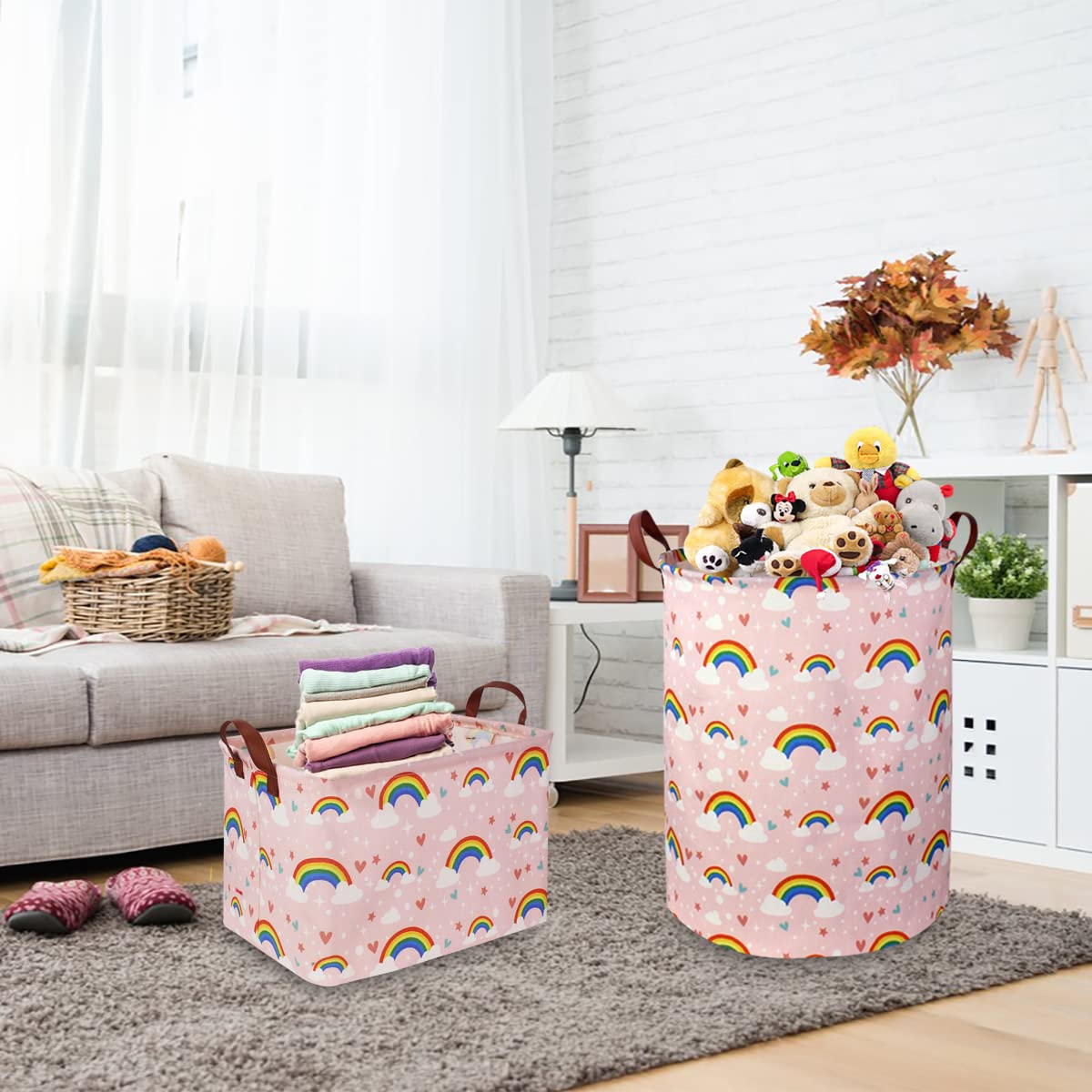 Essme Cesto Portabiancheria Arcobaleno Pieghevole Per Bambini – 62,8L, In Cotone Con Manici In Pelle, Ideale Per Giocattoli E Biancheria, Decorazione Cameretta - 2