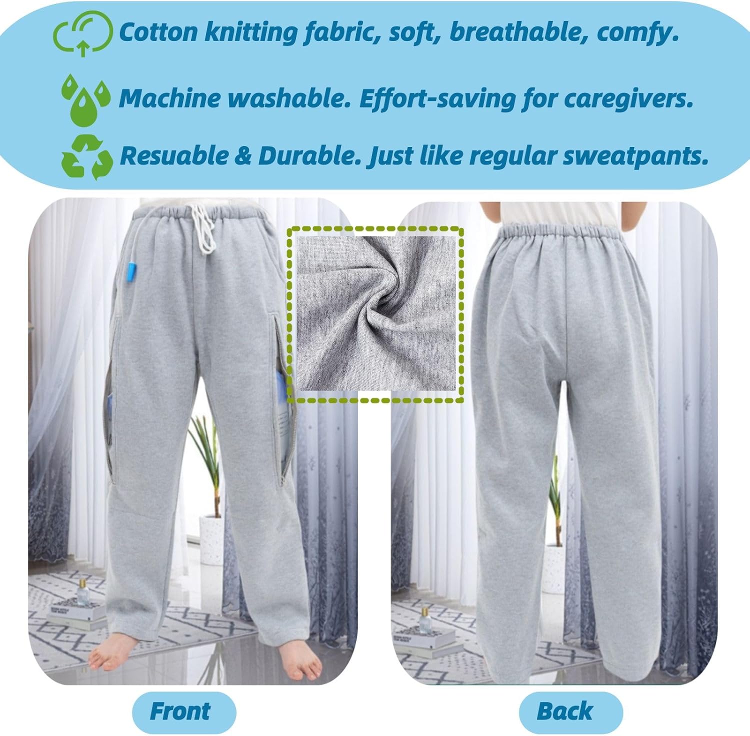 Catheter Pants for Men/Women, Urine Bag Holder with 2 Zippered Side Pockets, Holding 2x2000ml Catheter Bag for Nephrostomy, Foley, Cystostomy, Enterostomy, Urostomy Patients (L, Grey) - Image 5