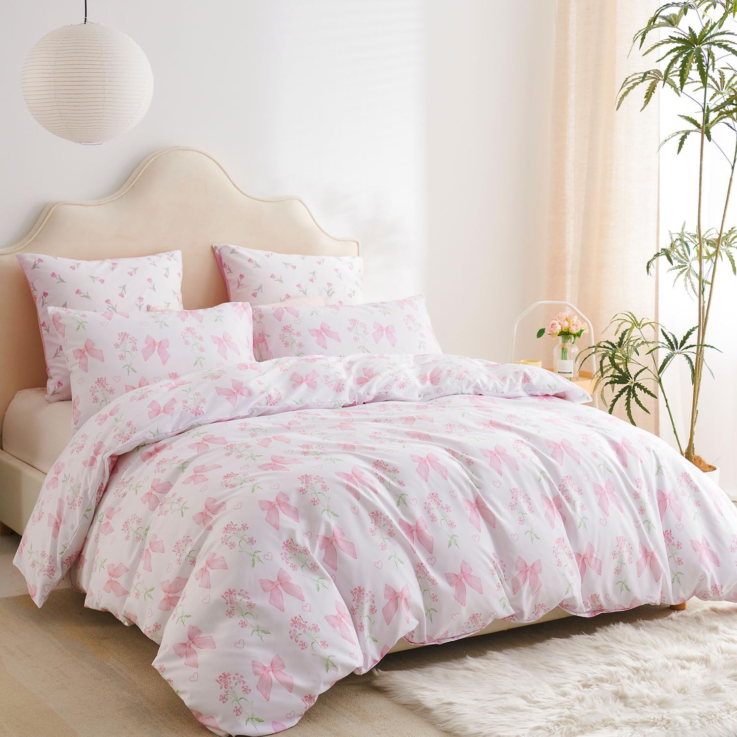 Floral Duvet Cover Queen Pink Bow Bedding Set for Girls Kids, Princess Style Bowknot Flower Design, Coquette Duvet Cover Set 3 Pieces, 2 Pillowcases, 100% Microfiber