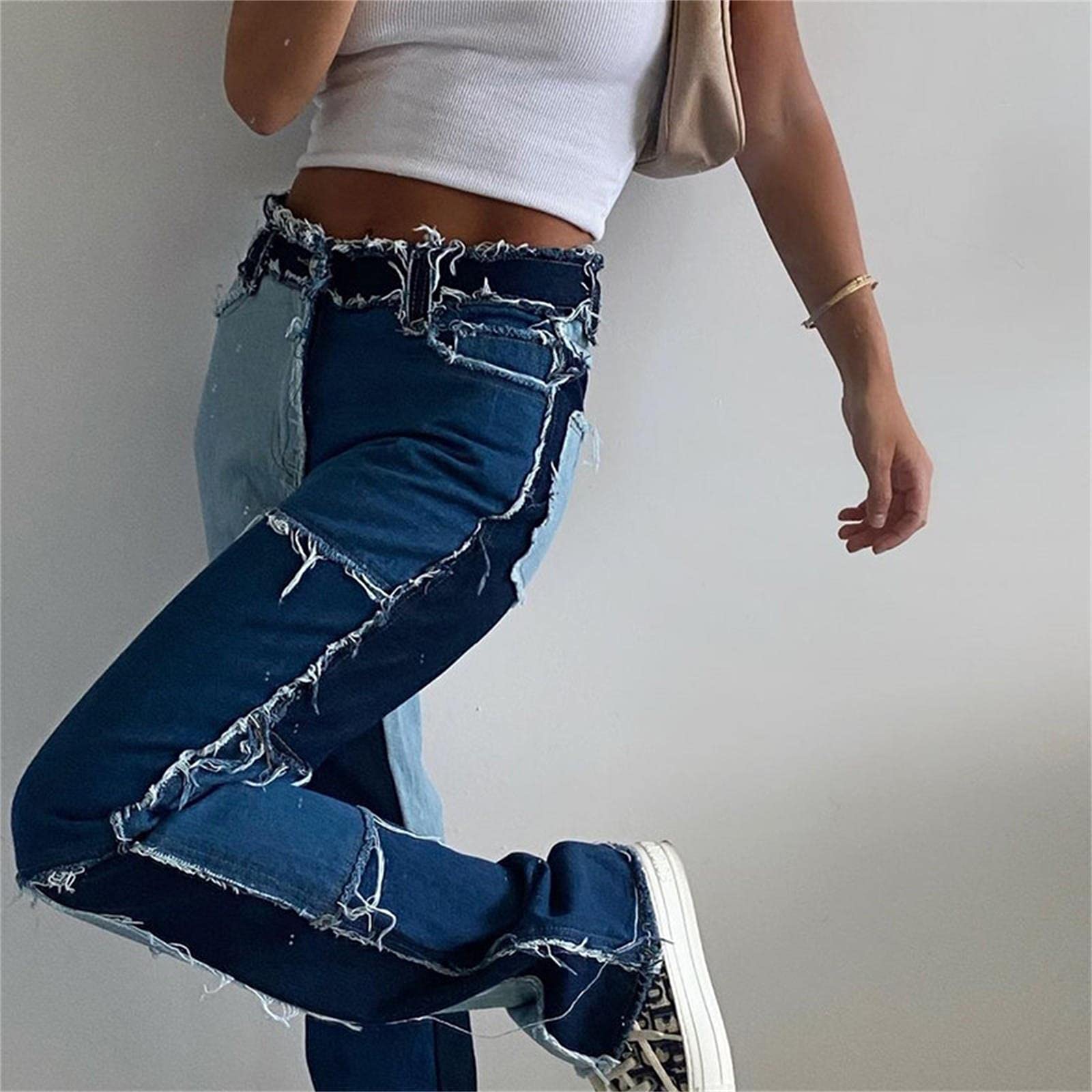 UKKO Jeans da Donna Pantaloni Ad Alto Ficcia A Vita Alta Femmina con Jeans Diritti Marrone-Blue Jeans,L